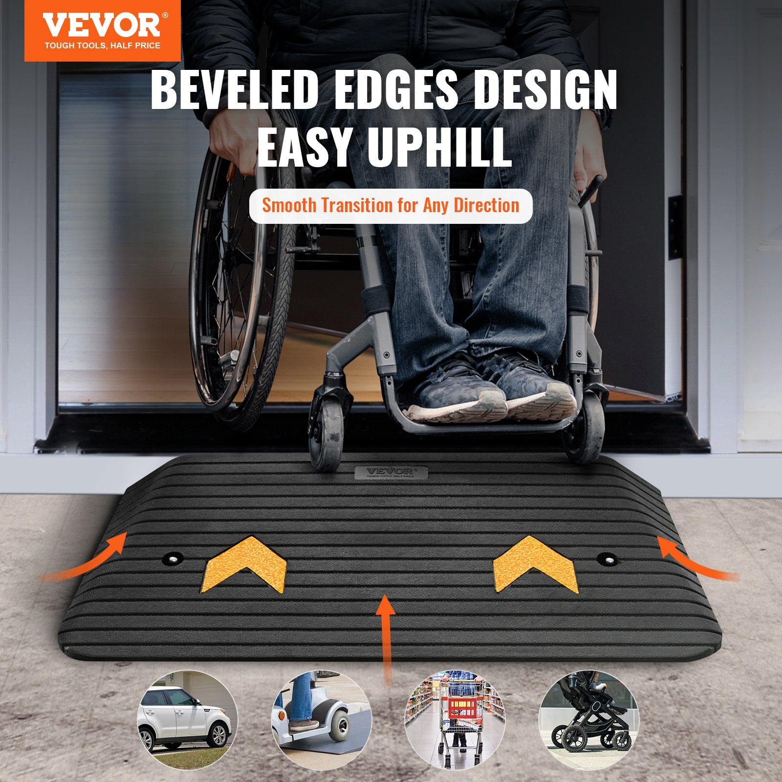 VEVOR Upgraded Rubber Threshold Ramp, 7.6 cm Rise Door Ramp with 1 Channel, Natural Rubber Car Ramp with Non-Slip Textured Surface, 150 tons Load Capacity Curb Ramp for Wheelchair and Scooter