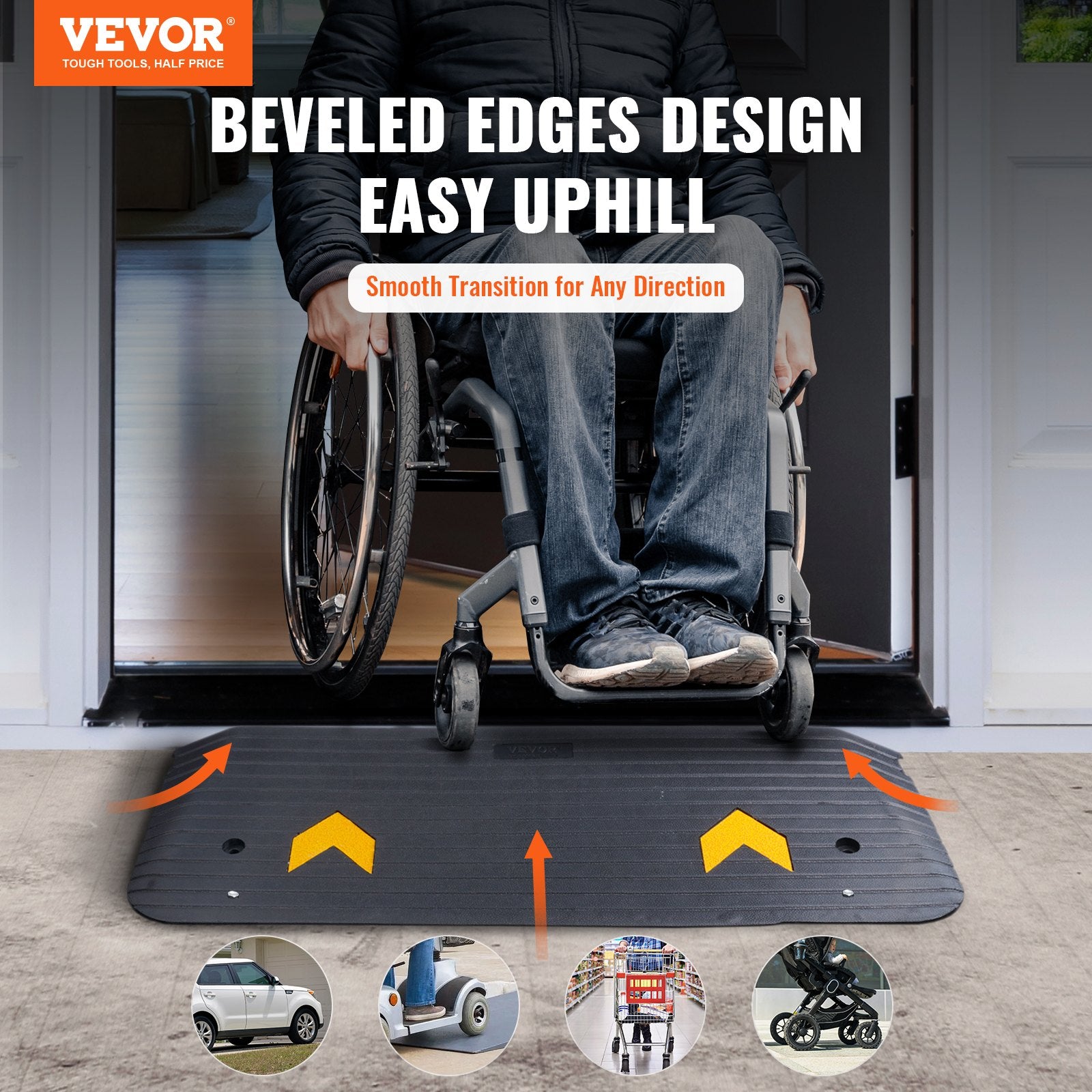 VEVOR Rubber Threshold Ramp, 5 cm Rise Threshold Ramp Doorway, Recycled Rubber Power Threshold Ramp Rated 15 tons Load Capacity, Non-Slip Surface Rubber Solid Threshold Ramp for Wheelchair and Scooter