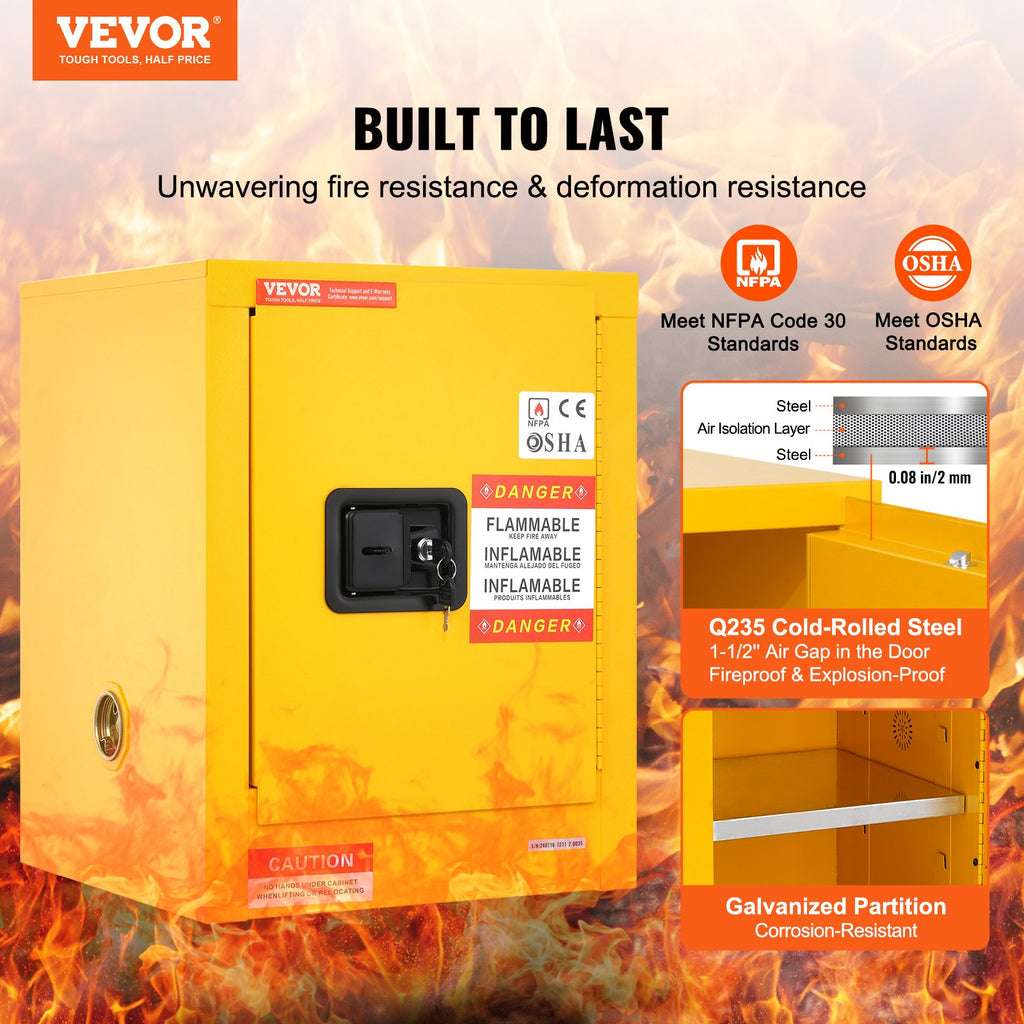 12 Gallon Safety Cabinet for Flammable Liquids Single door and Manual Close Yellow Hazardous Storage