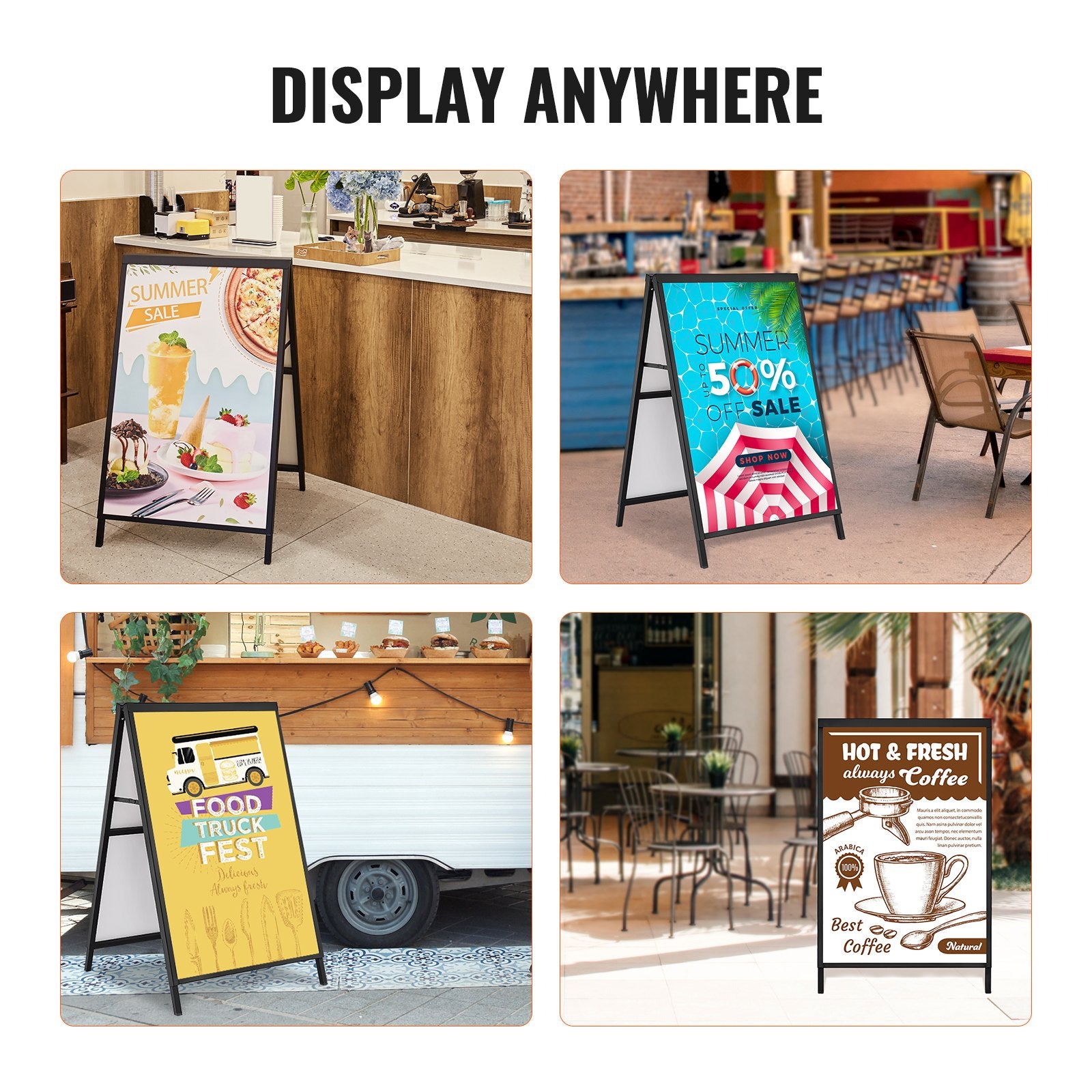 VEVOR A Frame Sidewalk Sign, 61x91cm Heavy Duty Slide-in Signboard Holder, Double-Sided Folding Sandwich Board Signs, Steel Pavement Sign Poster for Outdoor Business Street Advertising (Frame only)