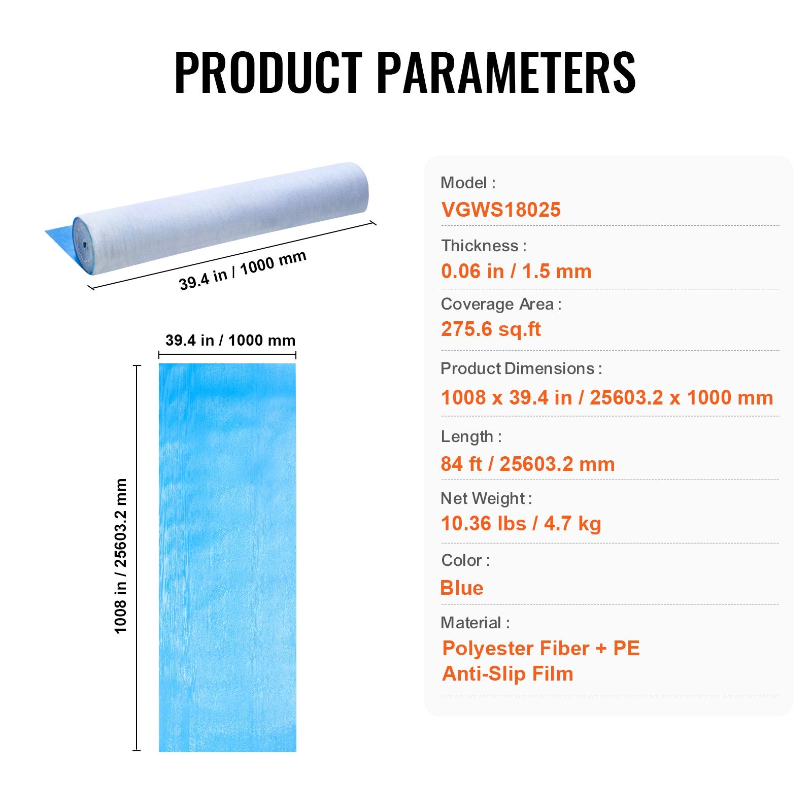 VEVOR Carpet Protection Film, 40" x 84' Floor and Surface Shield, Easy to Cut Simple Installation, Fiber Fabric Car Mat Protection Film Roll for Construction & Renovation,Blue