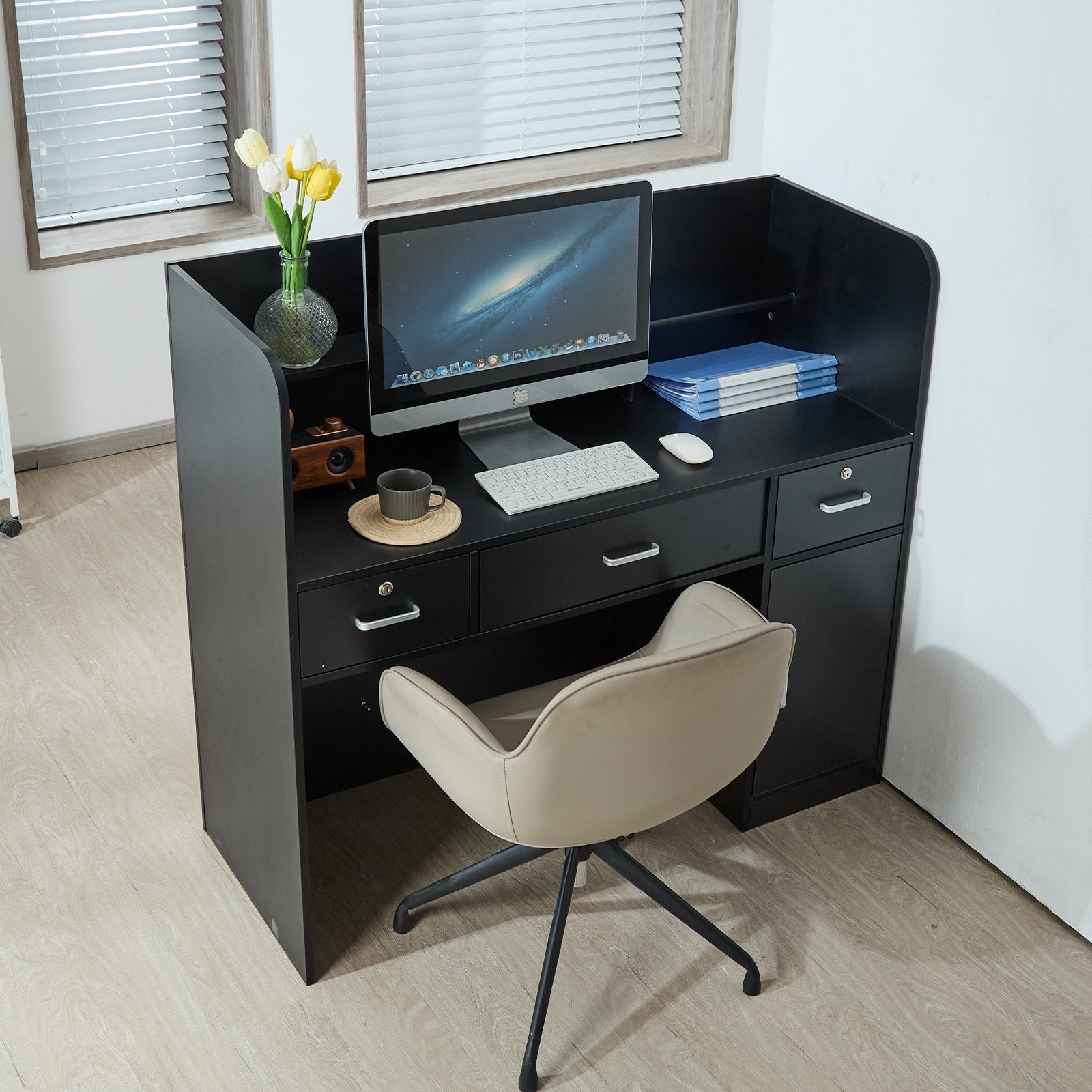 VEVOR Reception Desk, 1200 x 480 x 1100 mm Rectangular Front Counter Table, Office Reception Counter with Lockable Drawer and Storage Cabinet, for Checkout, Lobby, Beauty Salon and Office, Black