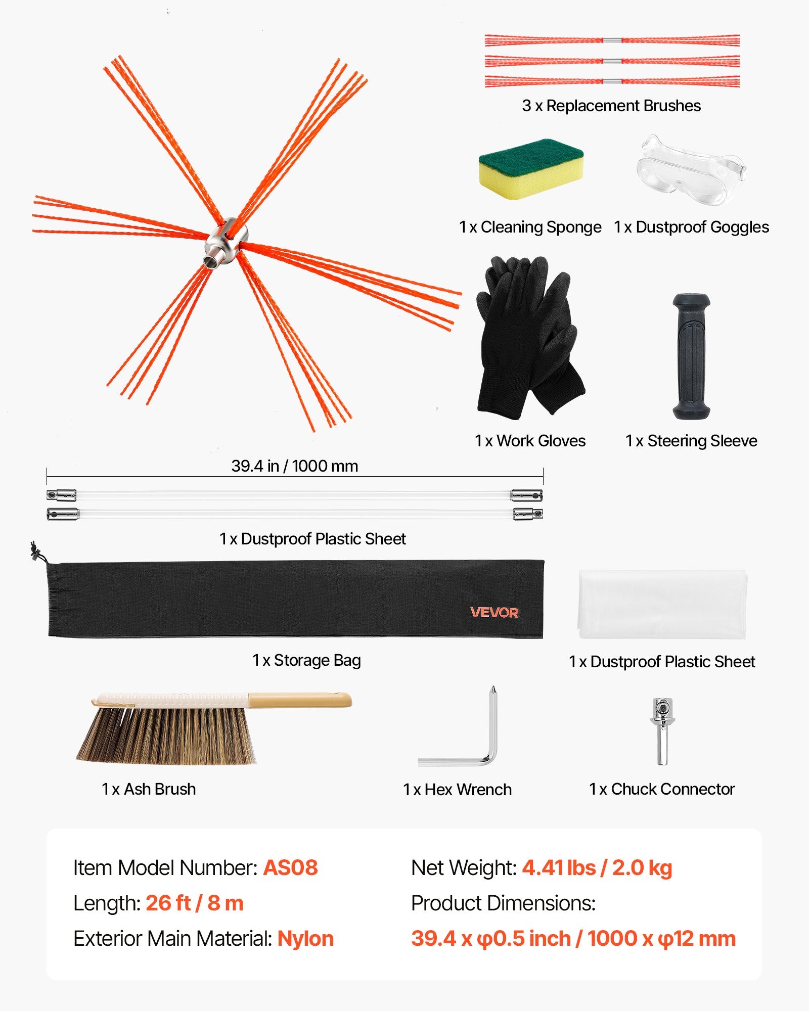 VEVOR Chimney Sweep Kit, 8m Maximum Extendable Length Chimney Brush, Chimneys Cleaning Kit with Bristle Replacements & Goggles, 90° Bendable Fireplace Cleaning Tool, for Square, Rectangle Chimneys