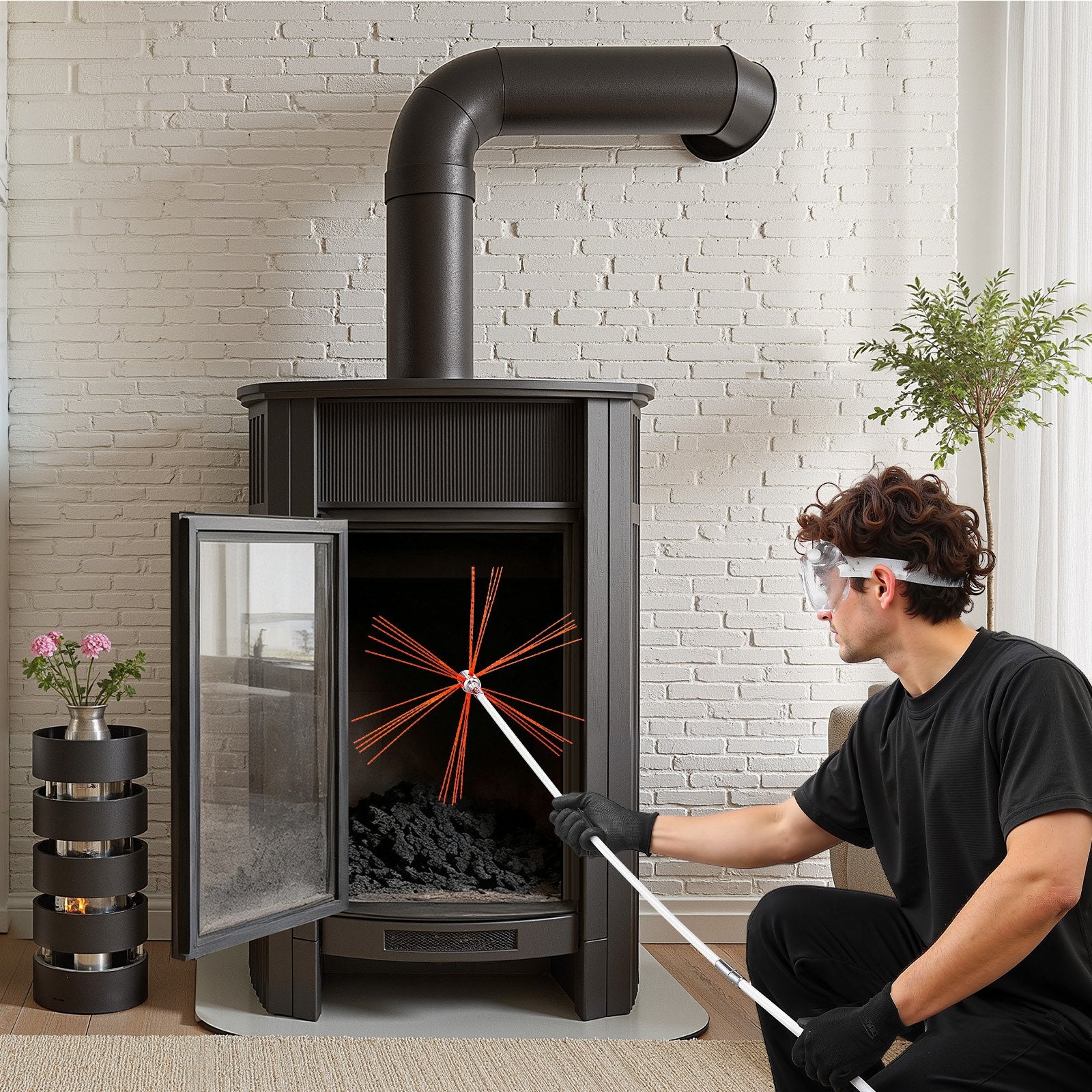 VEVOR Chimney Sweep Kit, 12m Maximum Extendable Length Chimney Sweep, Chimneys Cleaning Kit with Bristle Replacements & Goggles, 90° Bendable Fireplace Cleaning Tool, for Square, Rectangle Chimneys