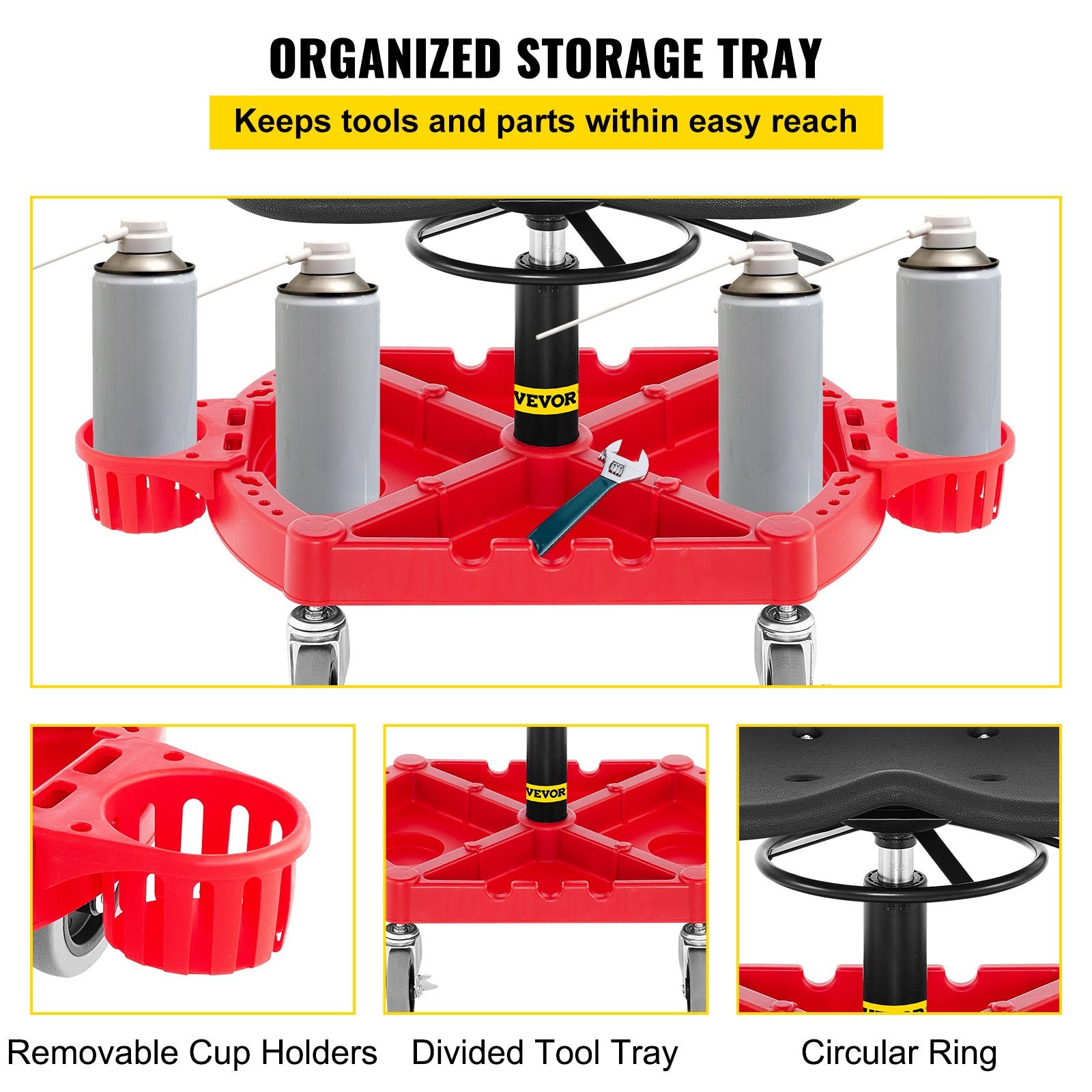 VEVOR Rolling Garage Stool, 300LBS Capacity, Adjustable Height from 18 in to 23 in, 360-degree Swivel Wheels (4\"), Large Tool Tray with Two Bottle Holder, for Workshop, Auto Repair Shop, Red