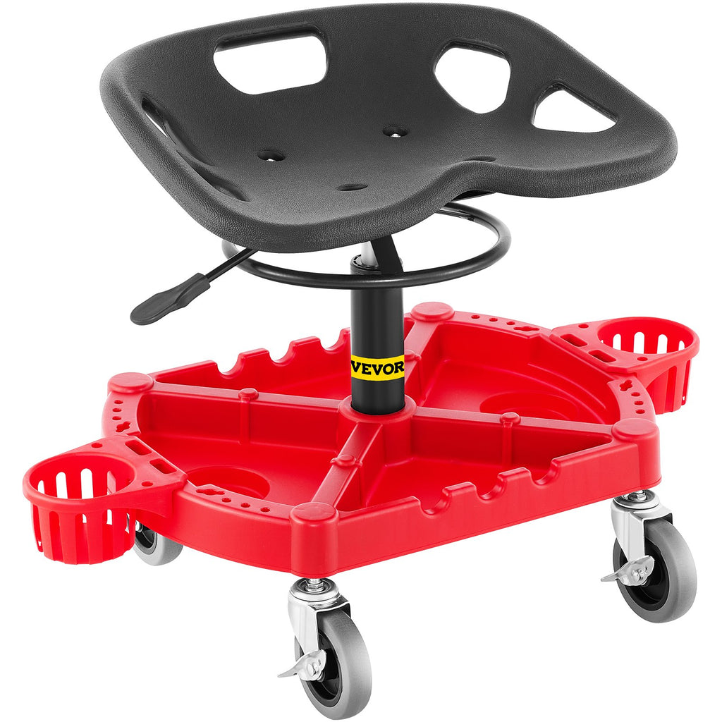 VEVOR Rolling Garage Stool, 300LBS Capacity, Adjustable Height from 18 in to 23 in, 360-degree Swivel Wheels (4\"), Large Tool Tray with Two Bottle Holder, for Workshop, Auto Repair Shop, Red