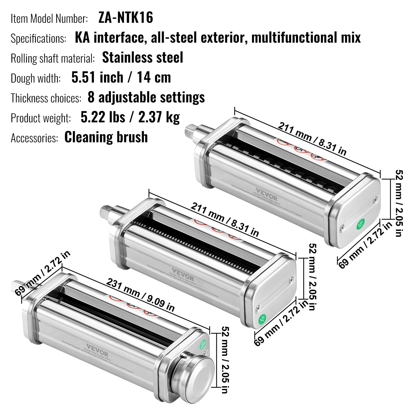 VEVOR 3Pcs Pasta Attachment for KitchenAid Stand Mixer Pasta Roller Cutter Set