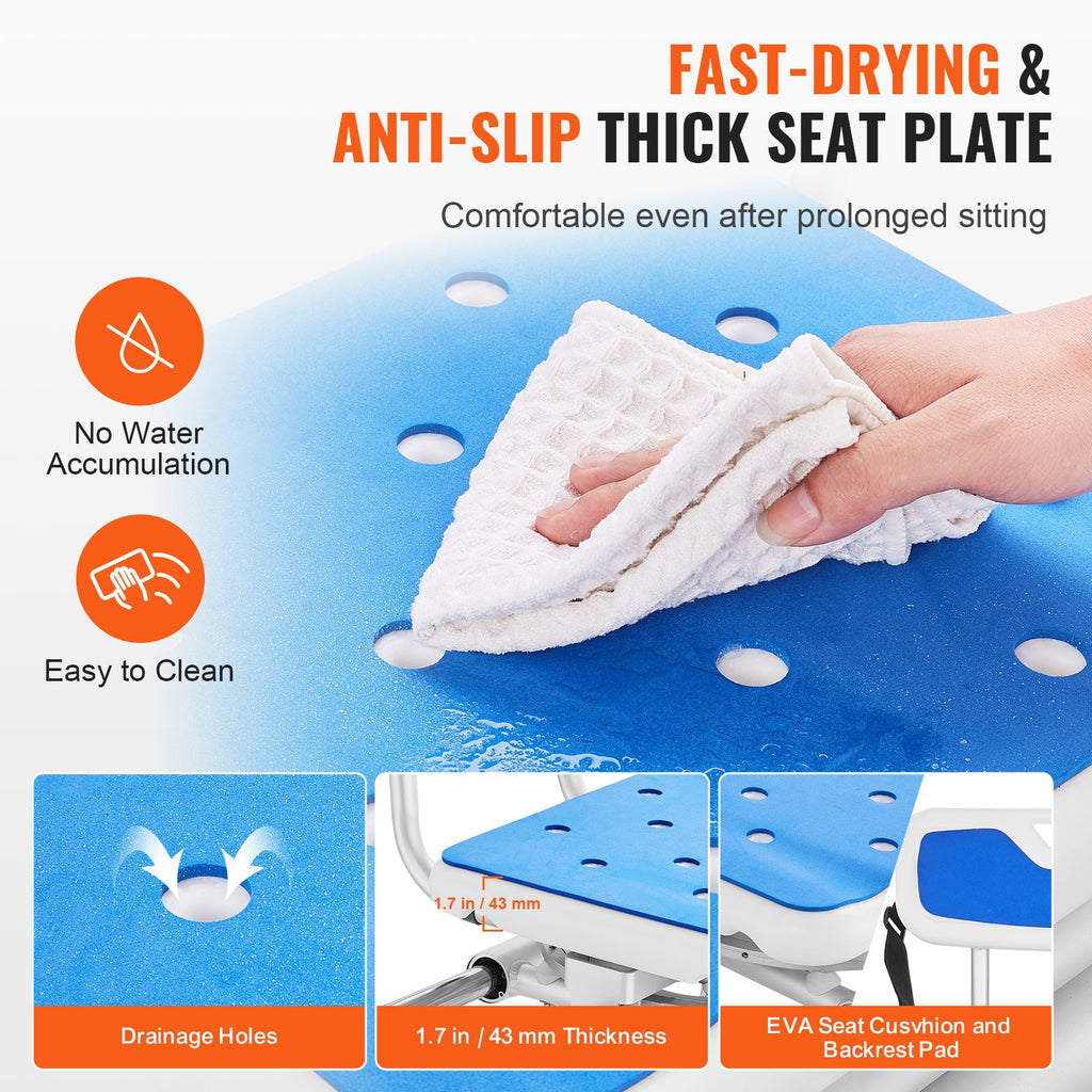 VEVOR Sliding Tub Transfer Bench with 360 Degree Swivel Seat, Height Adjustable Bathtub Transfer Bench with Armrest & Safety Belt, Non-Slip Rotating Shower Chair for Elderly Disabled, 400LBS Capacity