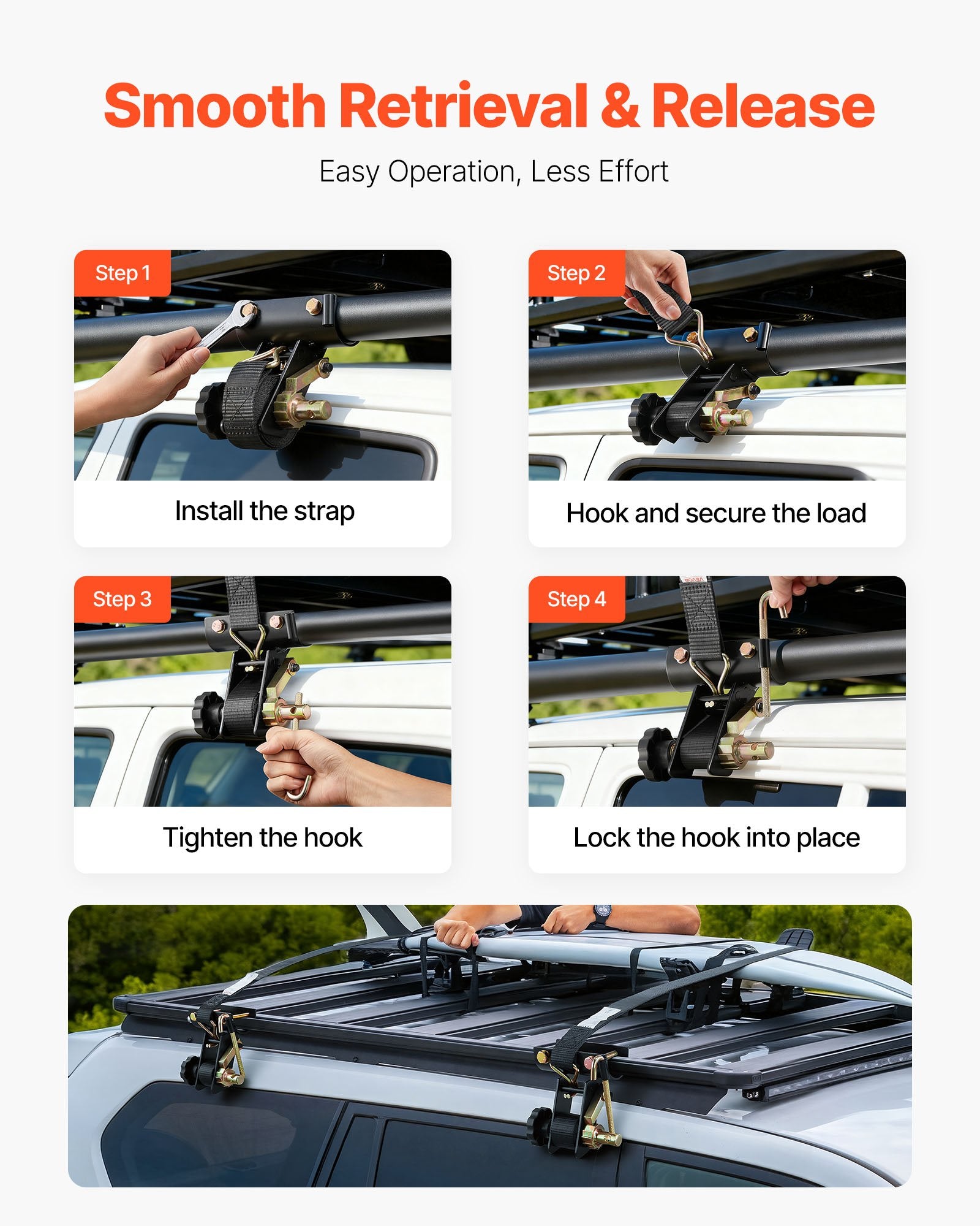 VEVOR Ladder Rack Ratchet Straps, 47.6-50.8 mm Black Round Tube Mount, 38 mm Wide x 2.25 m Long Black Ladder Rack Straps with Double J-Hooks, 226.8 kg Load Heavy Duty, Cargo Buckle Lock Strap (4 Pack)