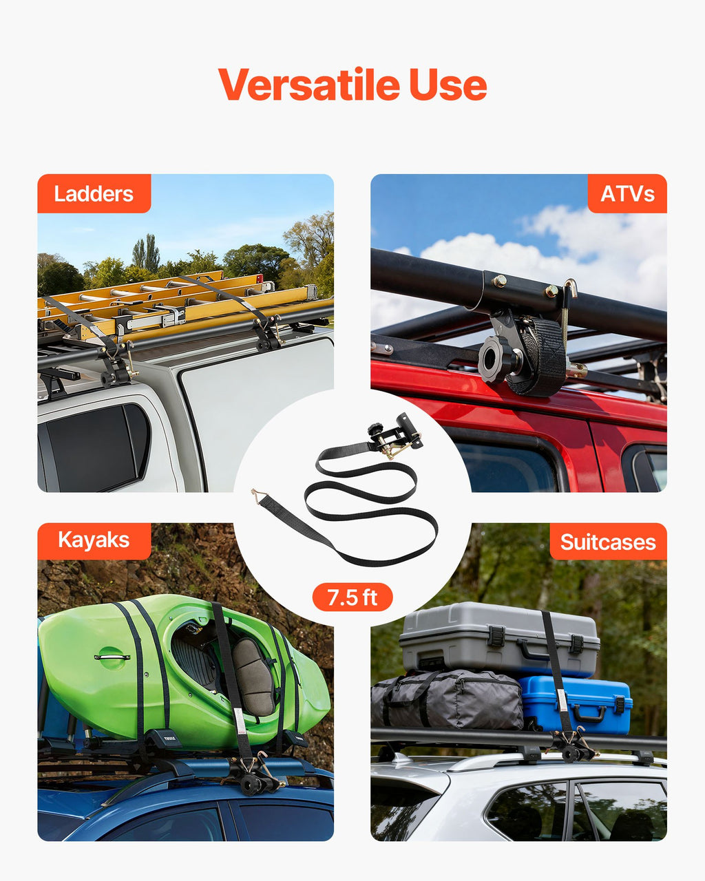 VEVOR Ladder Rack Ratchet Straps, 47.6-50.8 mm Black Round Tube Mount, 38 mm Wide x 2.25 m Long Black Ladder Rack Straps with Double J-Hooks, 226.8 kg Load Heavy Duty, Cargo Buckle Lock Strap (4 Pack)