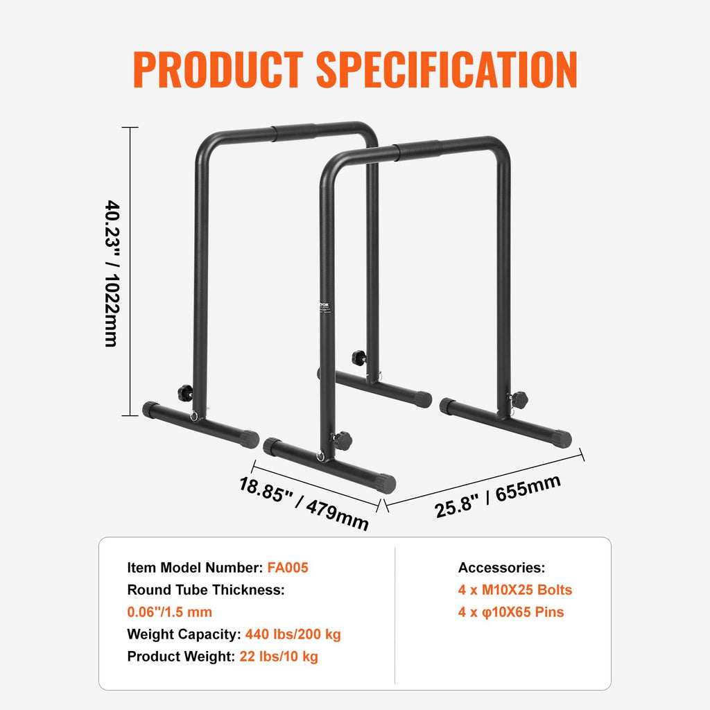 VEVOR Dip Bars, 200 kg Capacity, Heave Duty Dip Stand Station with Adjustable Height, Fitness Workout Dip Bar Station Stabilizer Parallette Push Up Stand, Parallel Bars for Strength Training Home Gym