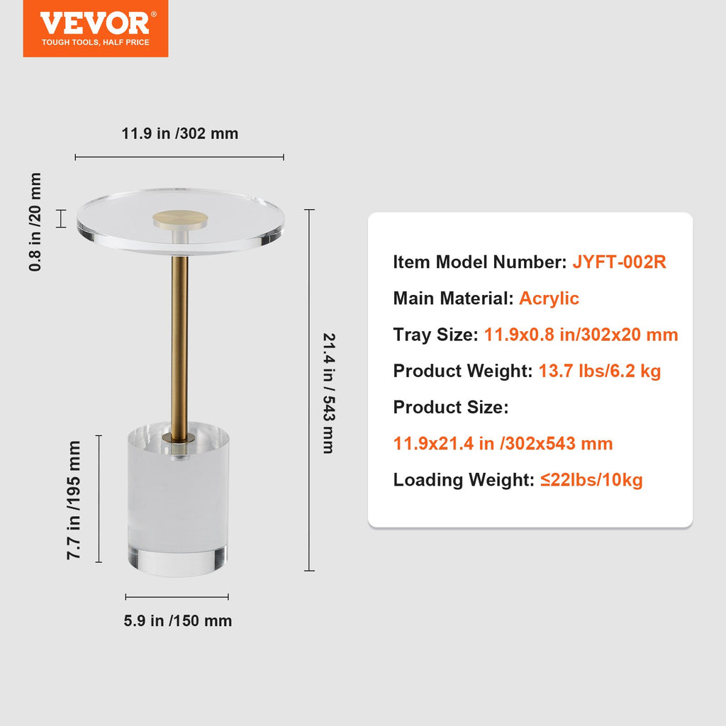 VEVOR Clear Acrylic End Table, Acrylic Side Table with a Solid Base, 11.9 x 11.9 inch Round Tabletop, 21.4 inch High, for Coffee, Drink, Food, Snack used in Living Room, Bedroom, and Study