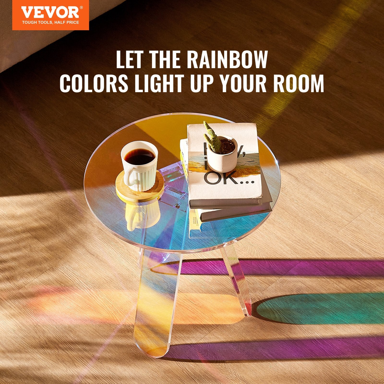 VEVOR Round Iridescent Side Table, Acrylic End Table, Clear Rainbow Acrylic Coffee Table for Drink, Food, Snack used in Living Room, Bedroom, and Study