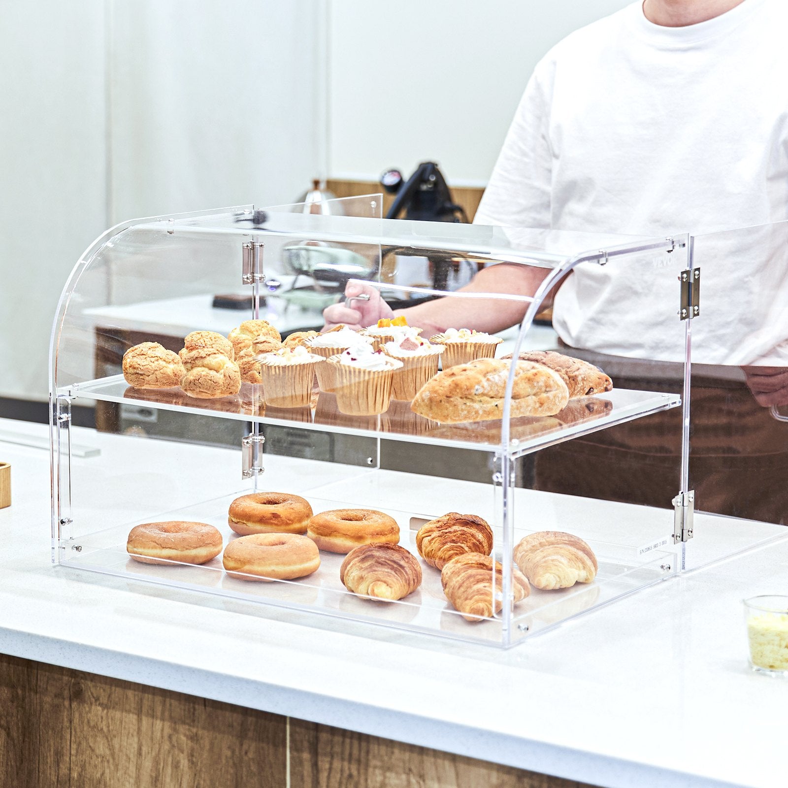VEVOR Pastry Display Case, 2-Tier Commercial Countertop Bakery Display Case, Acrylic Display Box with Rear Door Access & Removable Shelves, Keep Fresh for Donut Bagels Cake Cookie