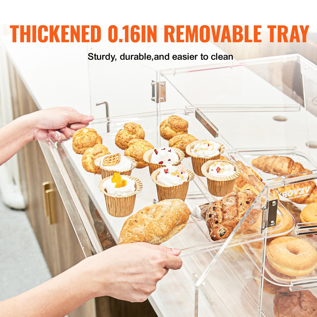 VEVOR Pastry Display Case, 3-Tier Commercial Countertop Bakery Display Case, Acrylic Display Box with Rear Door Access & Removable Shelves, Keep Fresh for Donut Bagels Cake Cookie