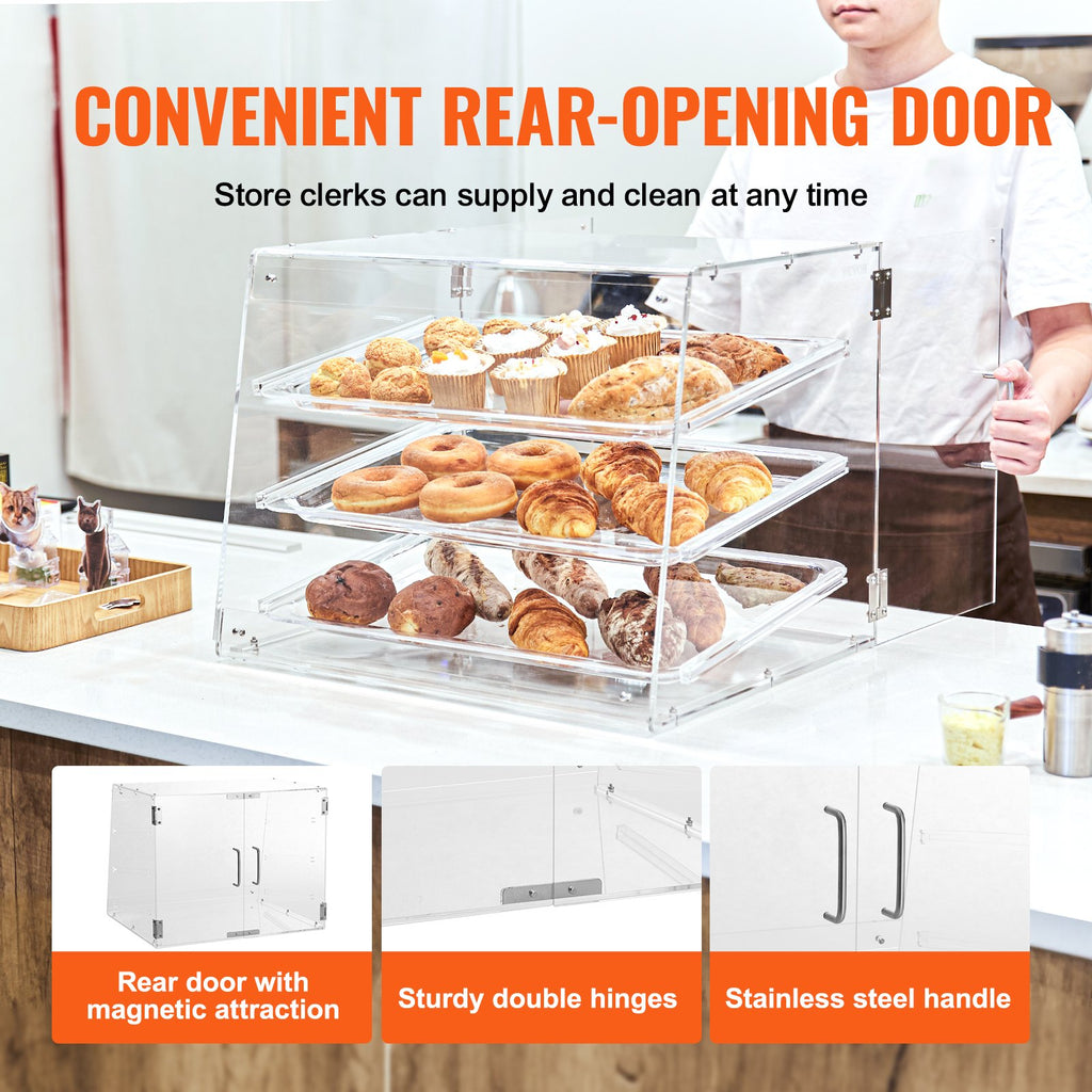 VEVOR Pastry Display Case, 3-Tier Commercial Countertop Bakery Display Case, Acrylic Display Box with Rear Door Access & Removable Shelves, Keep Fresh for Donut Bagels Cake Cookie