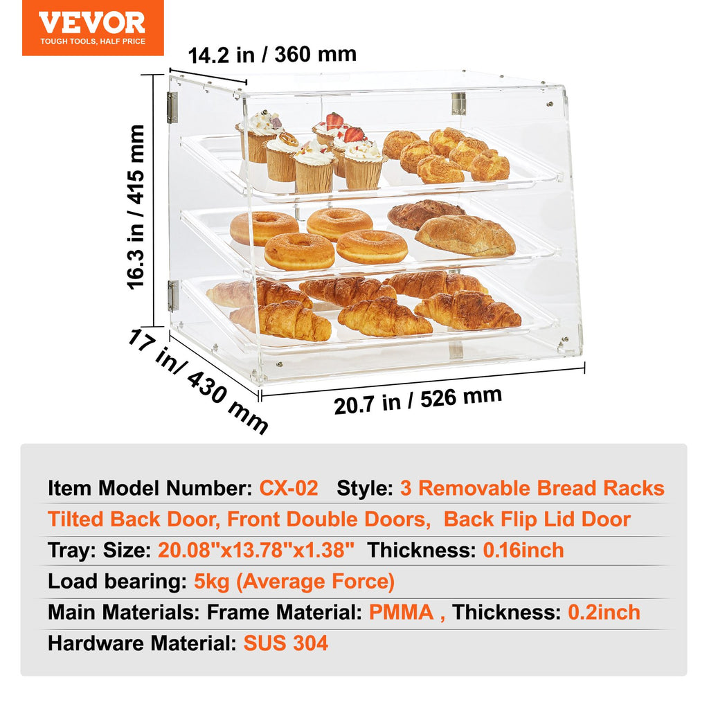 VEVOR Pastry Display Case, 3-Tier Commercial Countertop Bakery Display Case, Acrylic Display Box with Rear Door Access & Removable Shelves, Keep Fresh for Donut Bagels Cake Cookie