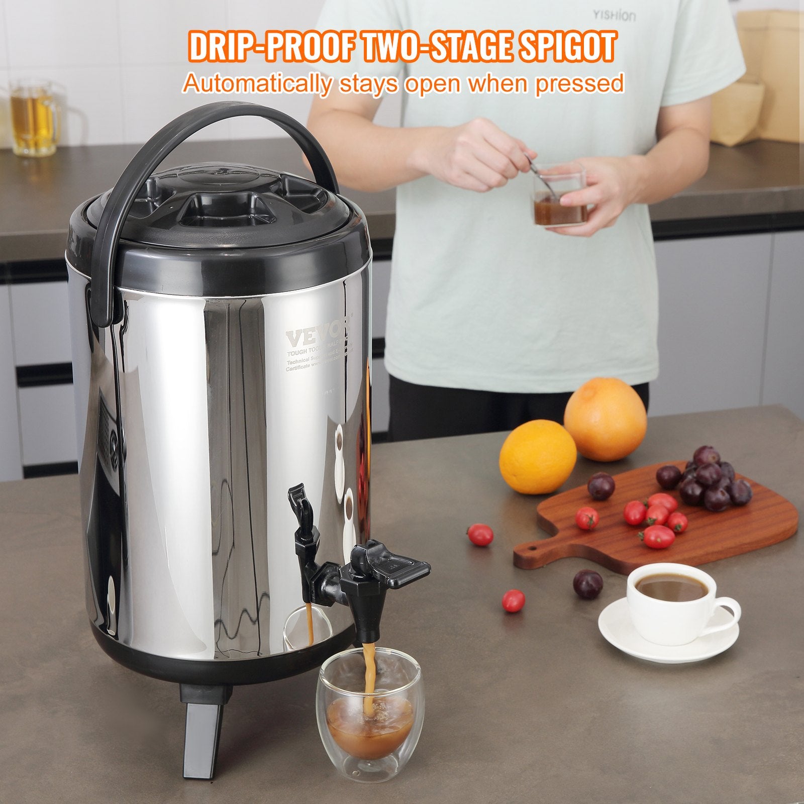 VEVOR Stainless Steel Insulated Beverage Dispenser, 7.6 Liter, Thermal Hot and Cold Drink Server Dispenser with Spigot Handle, Food-grade for Hot Tea Coffee Water Restaurant Drink Shop