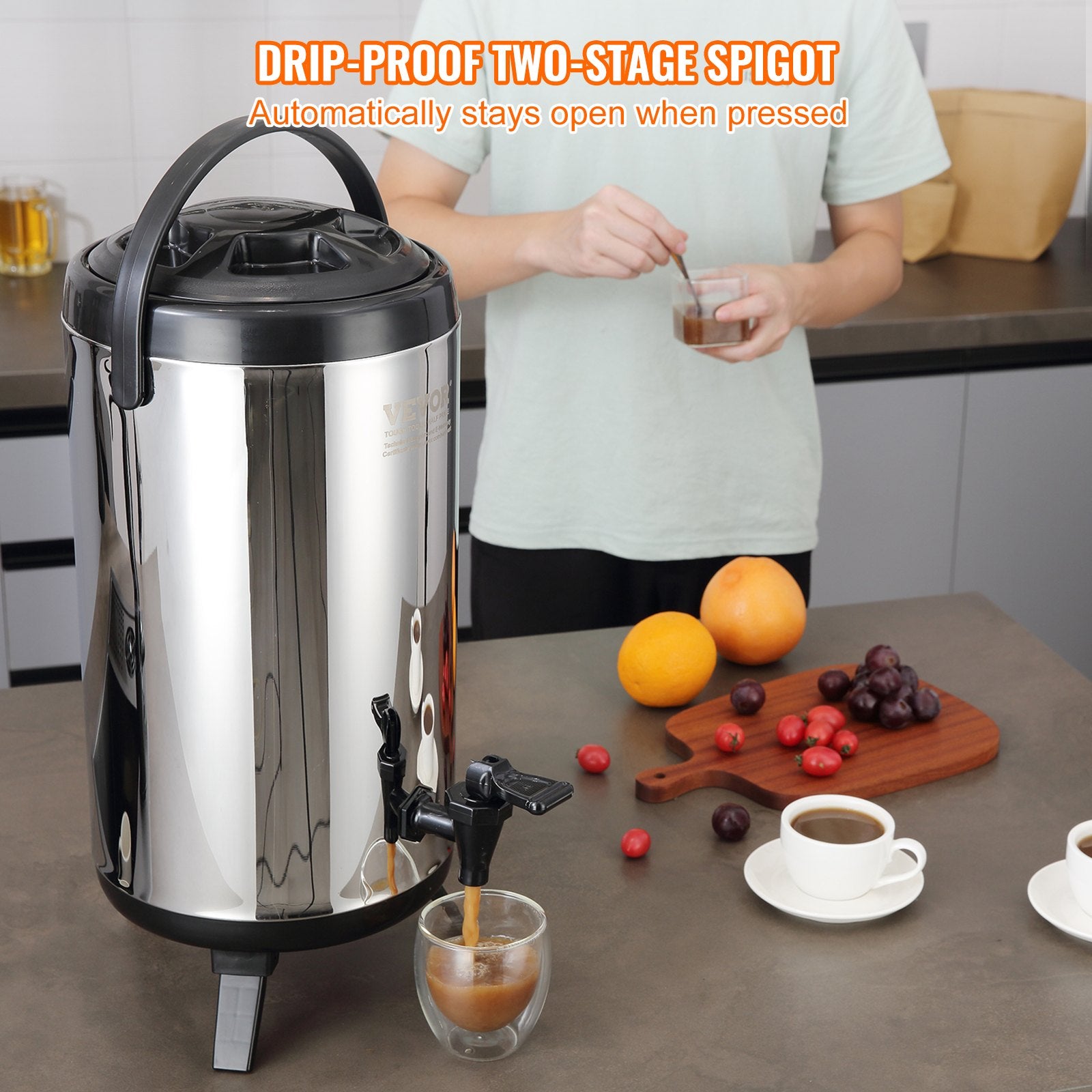 VEVOR Stainless Steel Insulated Beverage Dispenser, 9.2 Liter, Thermal Hot and Cold Drink Server Dispenser with Spigot Handle, Food-grade for Hot Tea Coffee Water Restaurant Drink Shop
