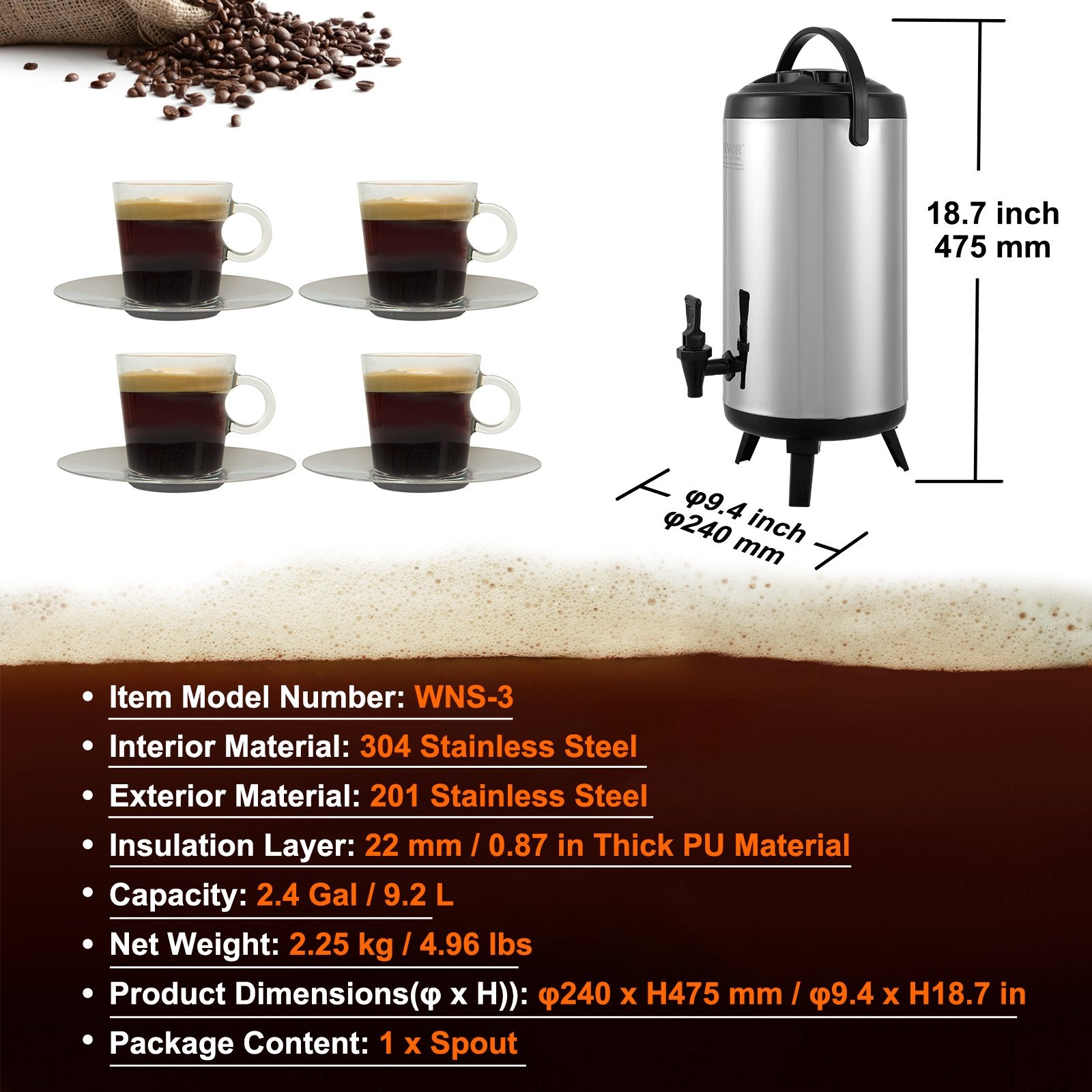VEVOR Stainless Steel Insulated Beverage Dispenser, 9.2 Liter, Thermal Hot and Cold Drink Server Dispenser with Spigot Handle, Food-grade for Hot Tea Coffee Water Restaurant Drink Shop