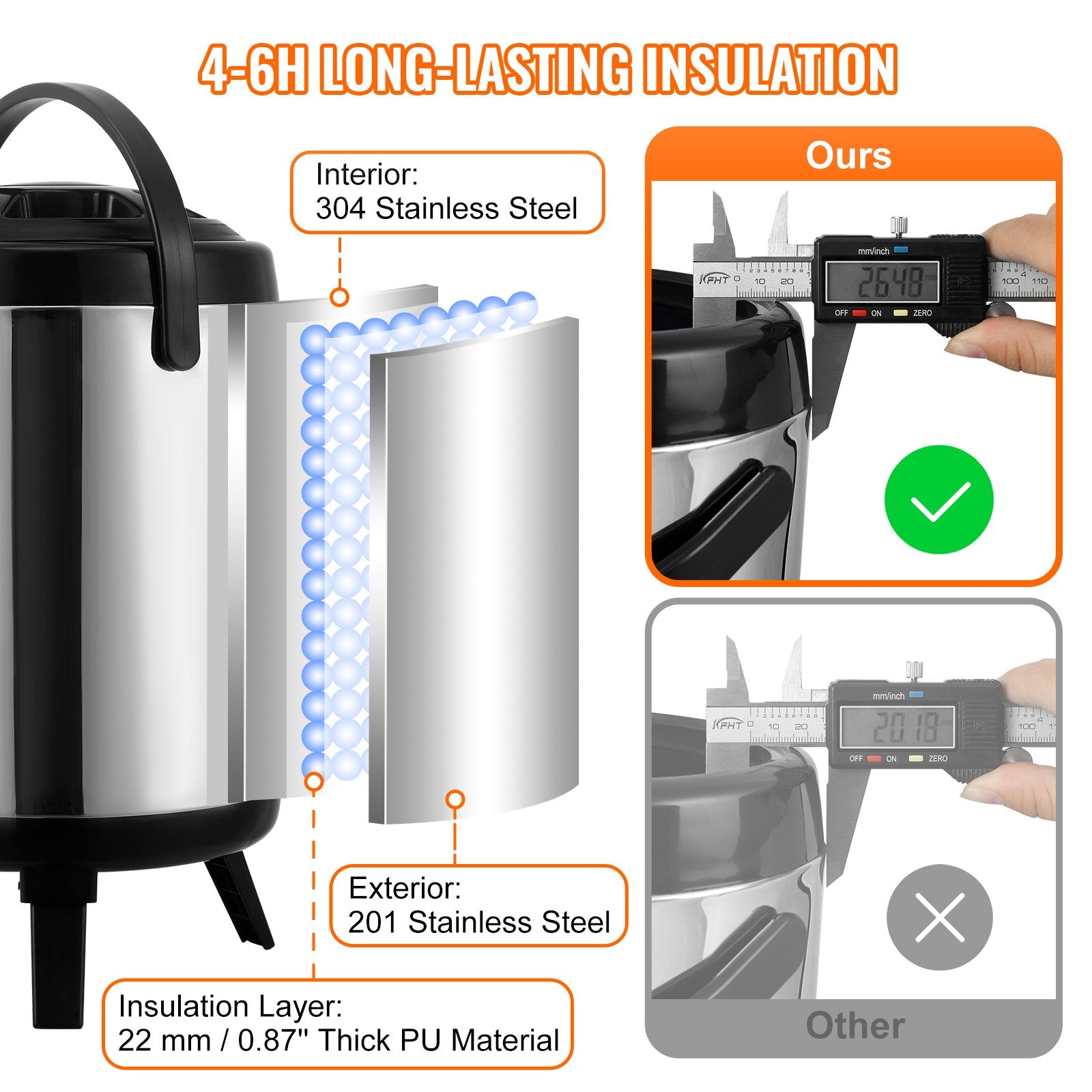 VEVOR Stainless Steel Insulated Beverage Dispenser, 6 Liter, Thermal Hot and Cold Drink Server Dispenser with Spigot Handle, Food-grade for Hot Tea Coffee Water Restaurant Drink Shop