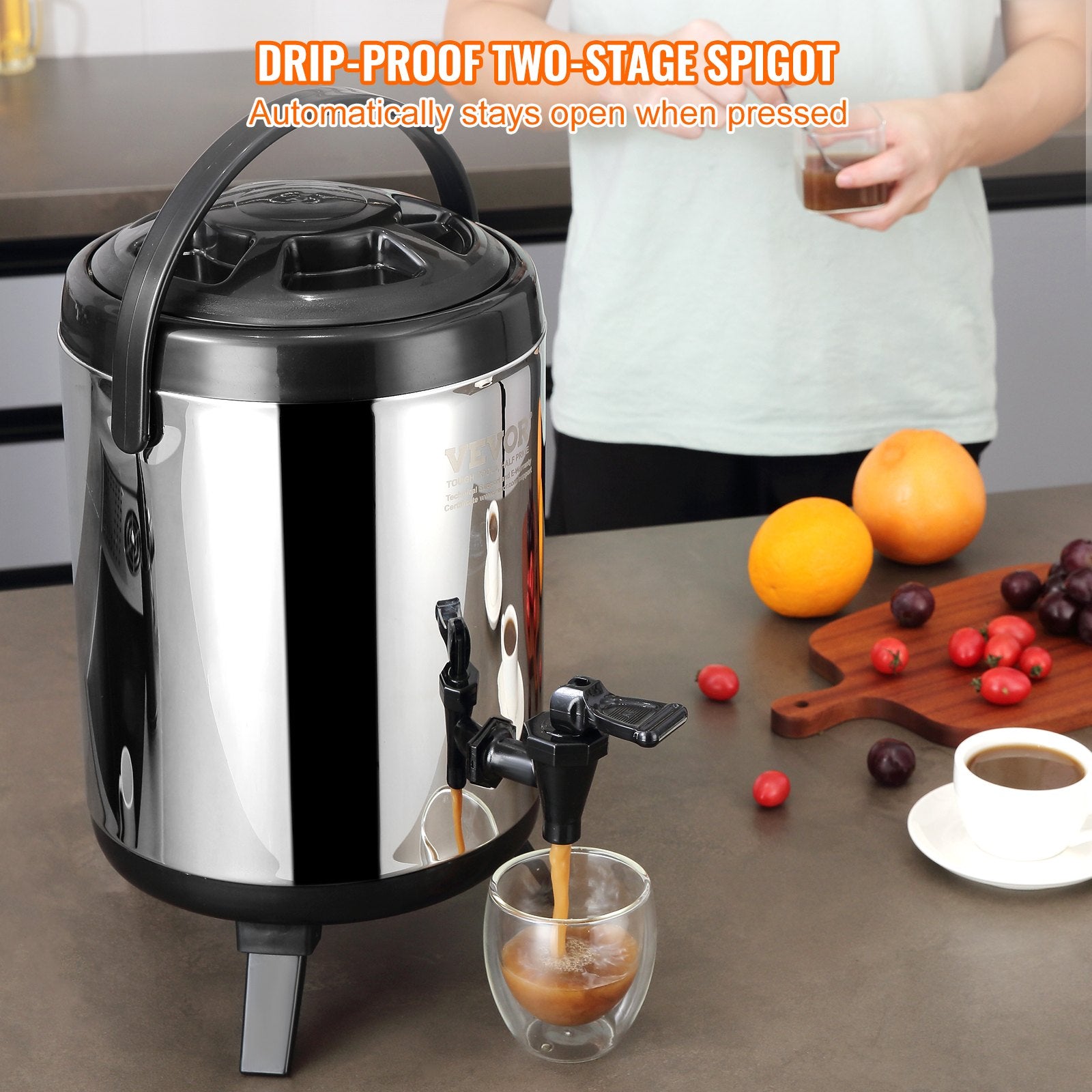 VEVOR Stainless Steel Insulated Beverage Dispenser, 6 Liter, Thermal Hot and Cold Drink Server Dispenser with Spigot Handle, Food-grade for Hot Tea Coffee Water Restaurant Drink Shop