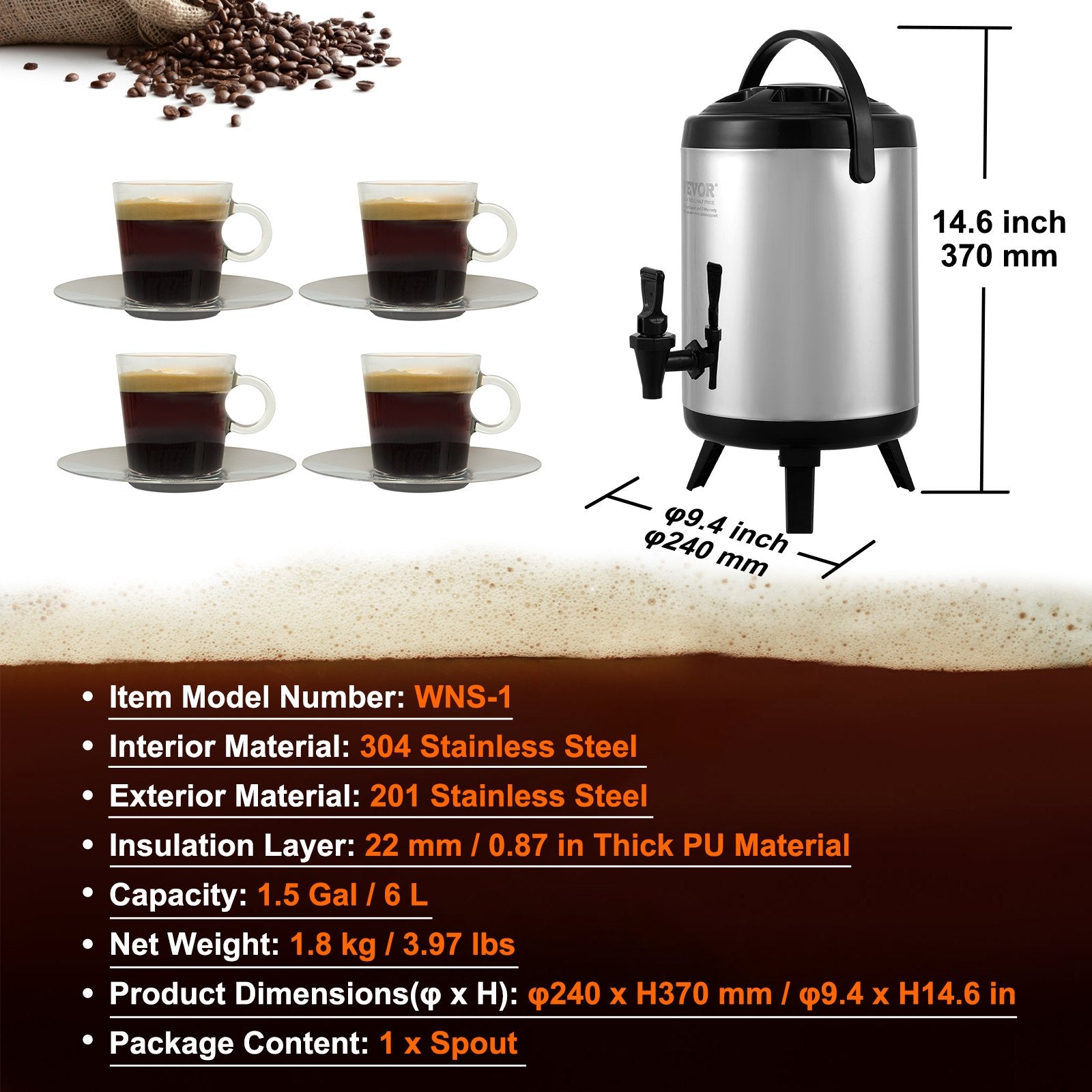 VEVOR Stainless Steel Insulated Beverage Dispenser, 6 Liter, Thermal Hot and Cold Drink Server Dispenser with Spigot Handle, Food-grade for Hot Tea Coffee Water Restaurant Drink Shop