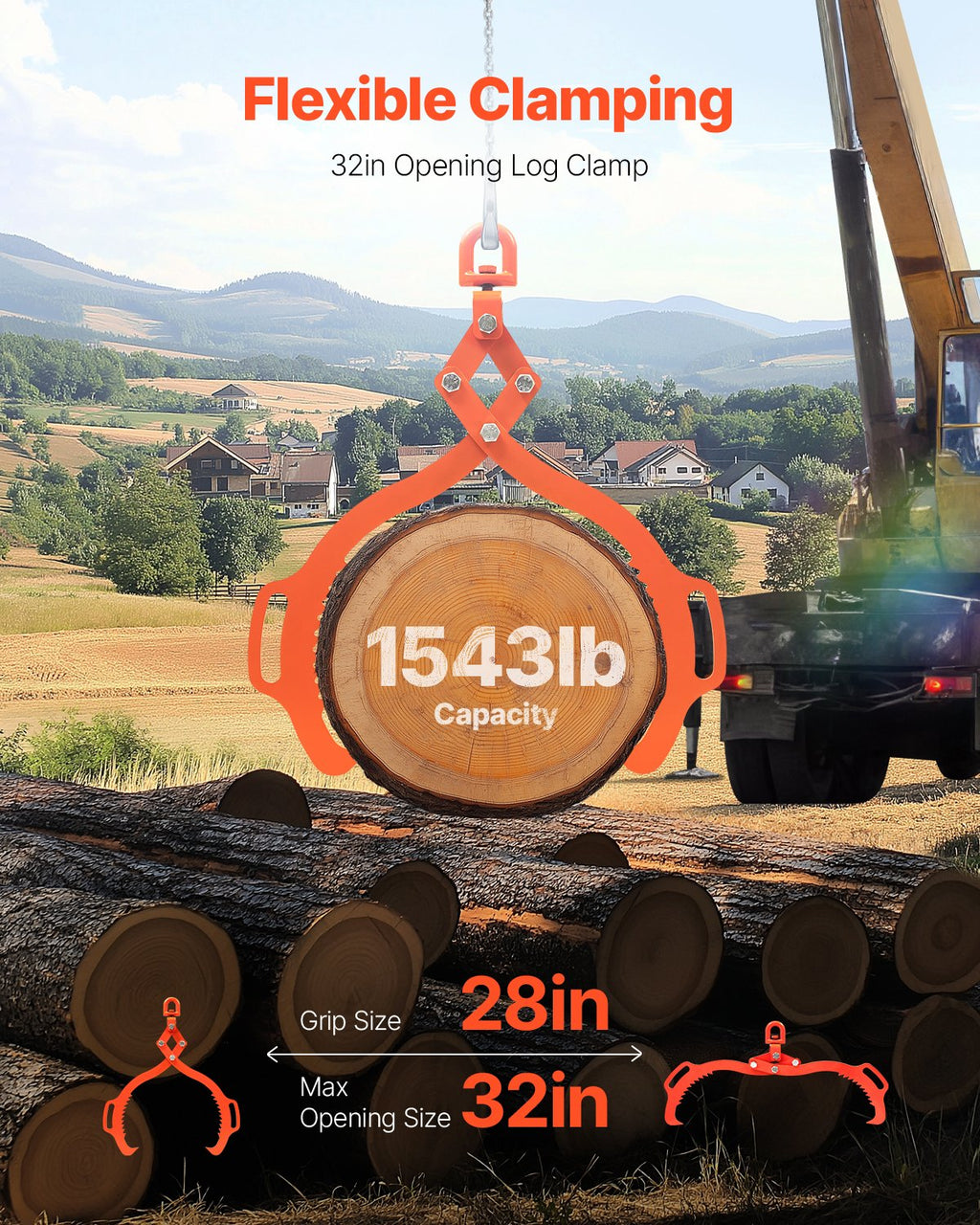 VEVOR 32in Log Lifting Tongs, 2-Claw Log Tongs, Heavy Duty Steel Log Grapple, 1543LBS Lifting Capacity, Swivel Log Graper Timber, Eagle Claw Design, Log Skidding Tongs for Trucks, Tractors, Forklifts