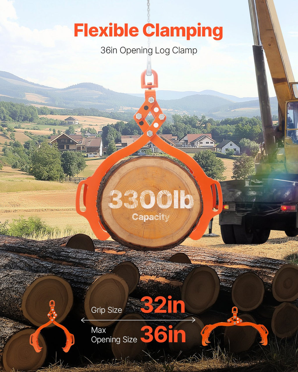 VEVOR 36in Log Lifting Tongs, 4-Claw Log Tongs, Heavy Duty Steel Log Grapple, 3300LBS Lifting Capacity, Swivel Log Graper Timber, Eagle Claw Design, Log Skidding Tongs for Trucks, Tractors, Forklifts