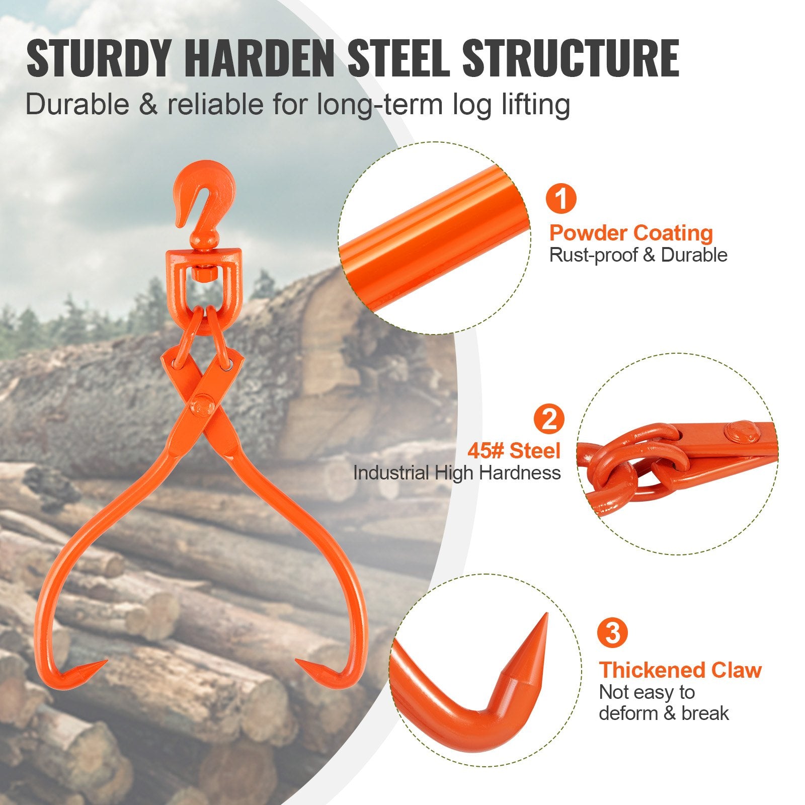 VEVOR Log Skidding Tongs, 45.7cm 2 Claw Log Lifting Tongs, Heavy Duty Rotating Steel Lumber Skidding Tongs, 350 kg Loading Capacity, Log Lifting, Handling, Dragging & Carrying Tool