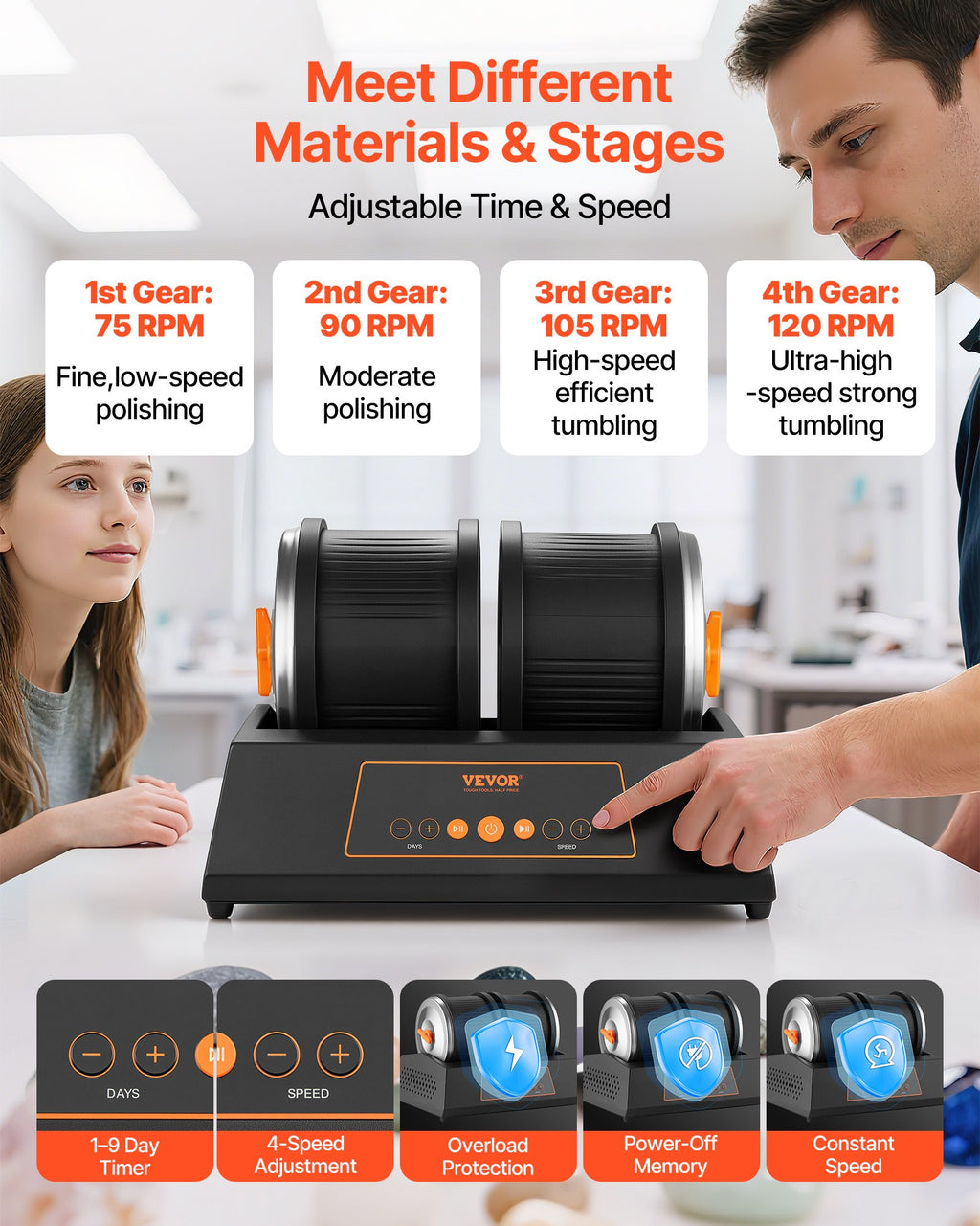 VEVOR Rock Tumbler Kit, 8 lbs Rock Polishing Kit, 4 Speed Settings 9-Day Polishing Timer Stone Polishing Kit, Double Barrel Rock Polisher with Adapter, Rock Polisher for Adults and Kids