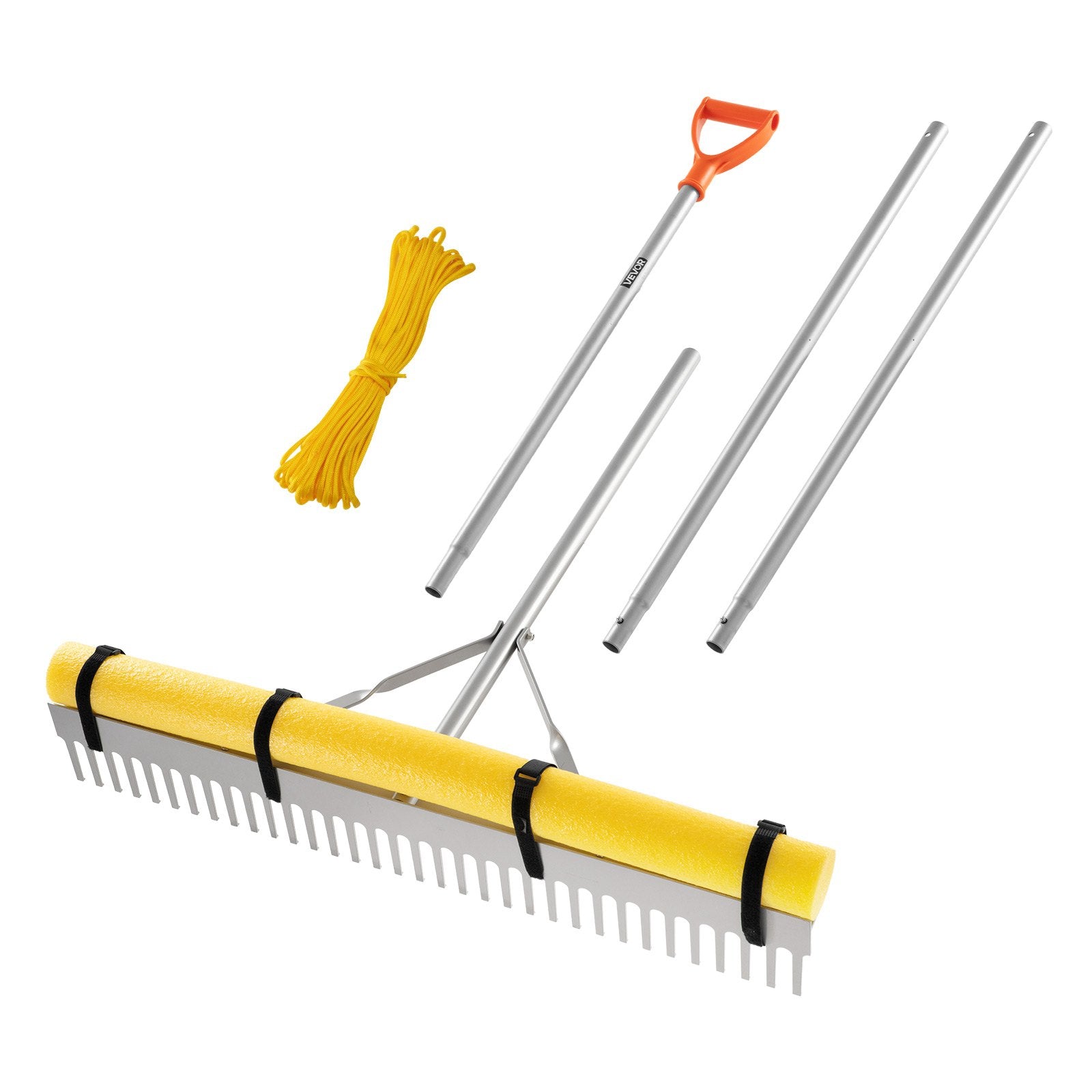 VEVOR Landscape Rake, 914 mm Wide Head 2590 mm Handle, Large Heavy Duty Aluminum Landscaping Leaf Rake Tool, Asphalt Level for Loosening Soil, Garden & Yard, Pond Gravel & Beach Lawn Care, 15.8m Rope