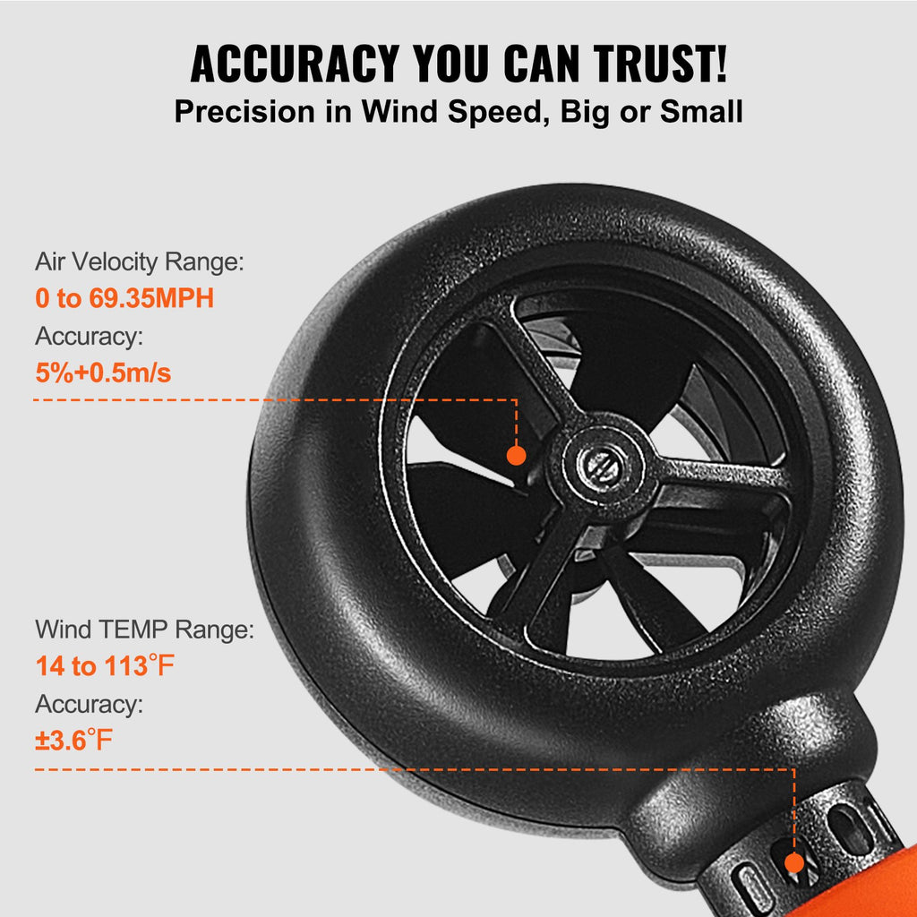 VEVOR Handheld Anemometer, -10℃ to 45℃, Digital Wind Speed Meter Gauge with LED Backlight Screen, Measures Wind Velocity Wind Temperature Air Flow Wind Chill, for Sailing Surfing Drone Flying HVAC