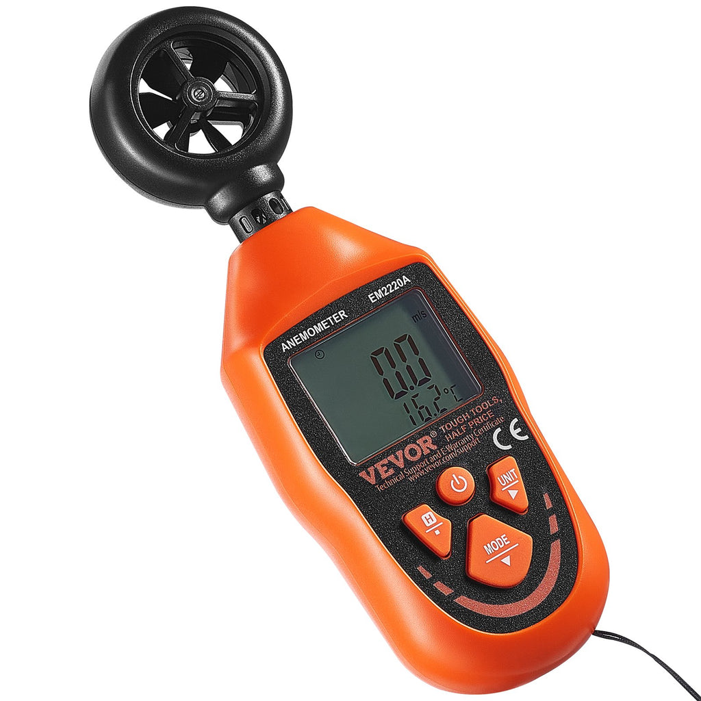 VEVOR Handheld Anemometer, -10℃ to 45℃, Digital Wind Speed Meter Gauge with LED Backlight Screen, Measures Wind Velocity Wind Temperature Air Flow Wind Chill, for Sailing Surfing Drone Flying HVAC