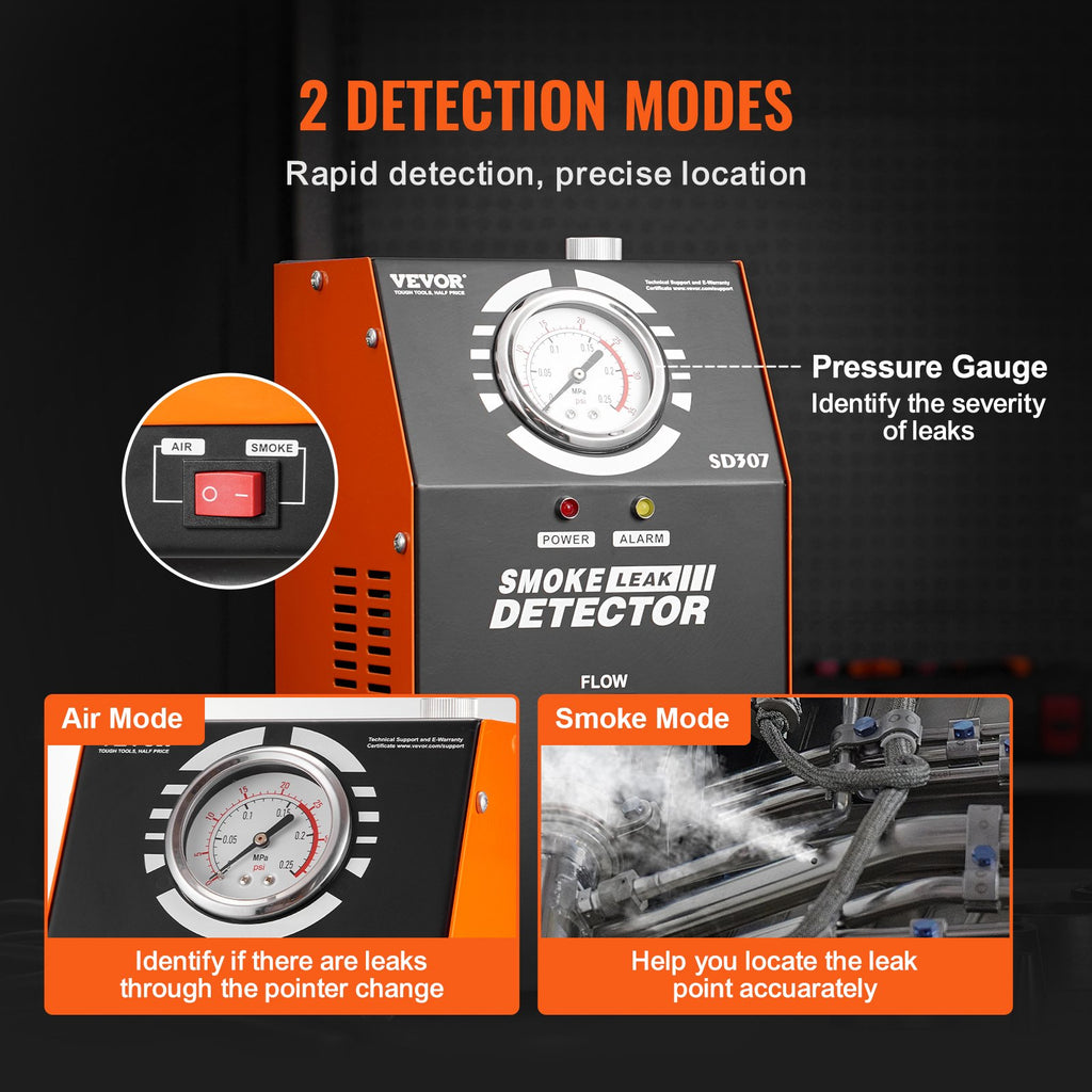 VEVOR Automotive Smoke Machine Leak Detector, EVAP Vacuum Fuel Leak Tester with Built-in Air Pump, Pressure Gauge & Flow Meter, 2-Mode Vacuum Pipe Fuel Diagnostic Detector for 12V Cars Trucks Boats