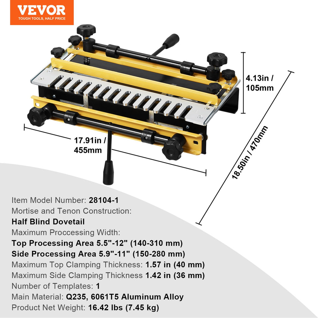 VEVOR Dovetail Jig, 310 mm Width, Dove Tailing Router Jigs with Router Bit & 1/2” Template, Precise Alignment Dove Tail Jig, Mortise and Tenon Jig Woodworking Tools for Furniture & Wood Cabinet Making