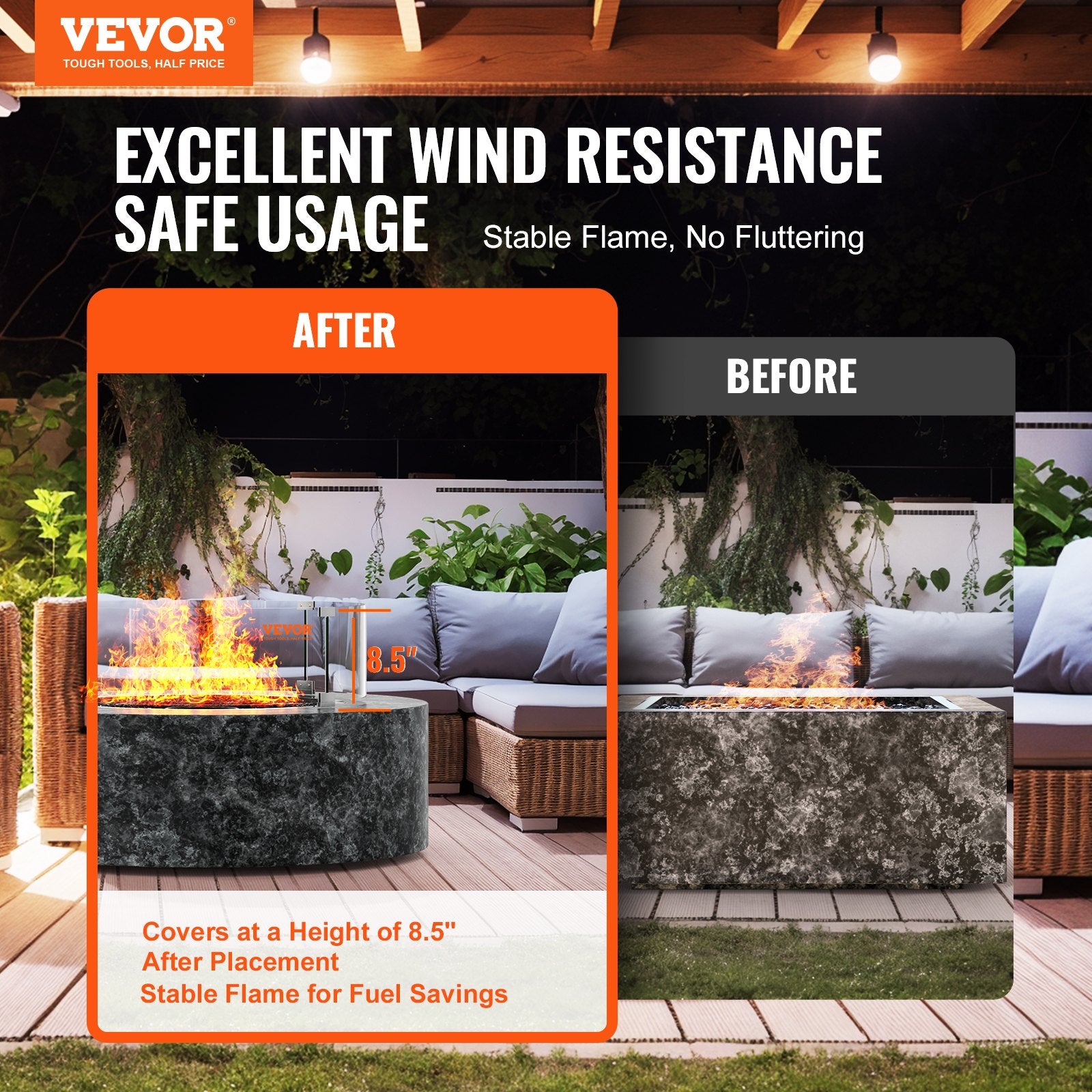 VEVOR Fire Pit Wind Guard, 26 x 26 x 6 Inch Glass Flame Guard, Round Glass Shield, 1/4-Inch Thick Fire Table, Clear Tempered Glass Flame Guard, Steady Feet Tree Pit Guard for Propane, Gas, Outdoor