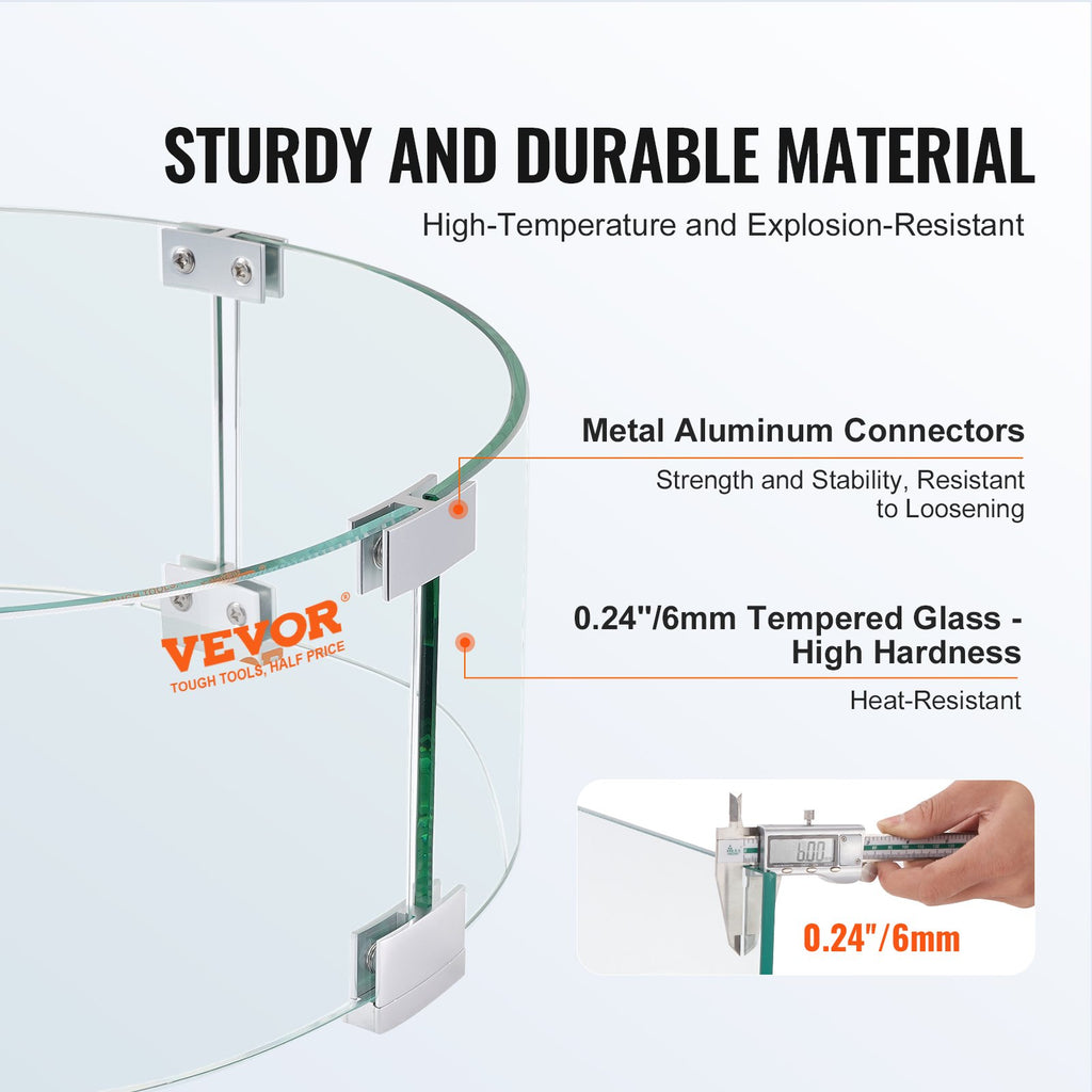 VEVOR Fire Pit Wind Guard, 26 x 26 x 6 Inch Glass Flame Guard, Round Glass Shield, 1/4-Inch Thick Fire Table, Clear Tempered Glass Flame Guard, Steady Feet Tree Pit Guard for Propane, Gas, Outdoor