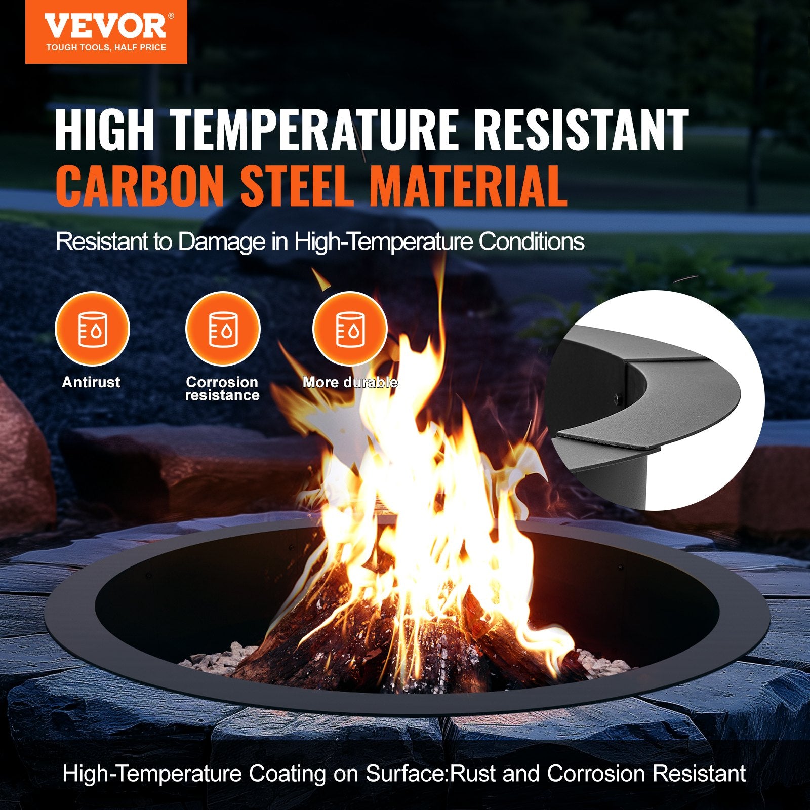 VEVOR Fire Pit Ring, 40-Inch Outer/36-Inch Inner Diameter, 10inch Height 2.5mm Thick Fire Pit Insert, Heavy Duty Carbon Steel Liner DIY Campfire Ring above or In-Ground, for Outdoor Camping, Bonfires
