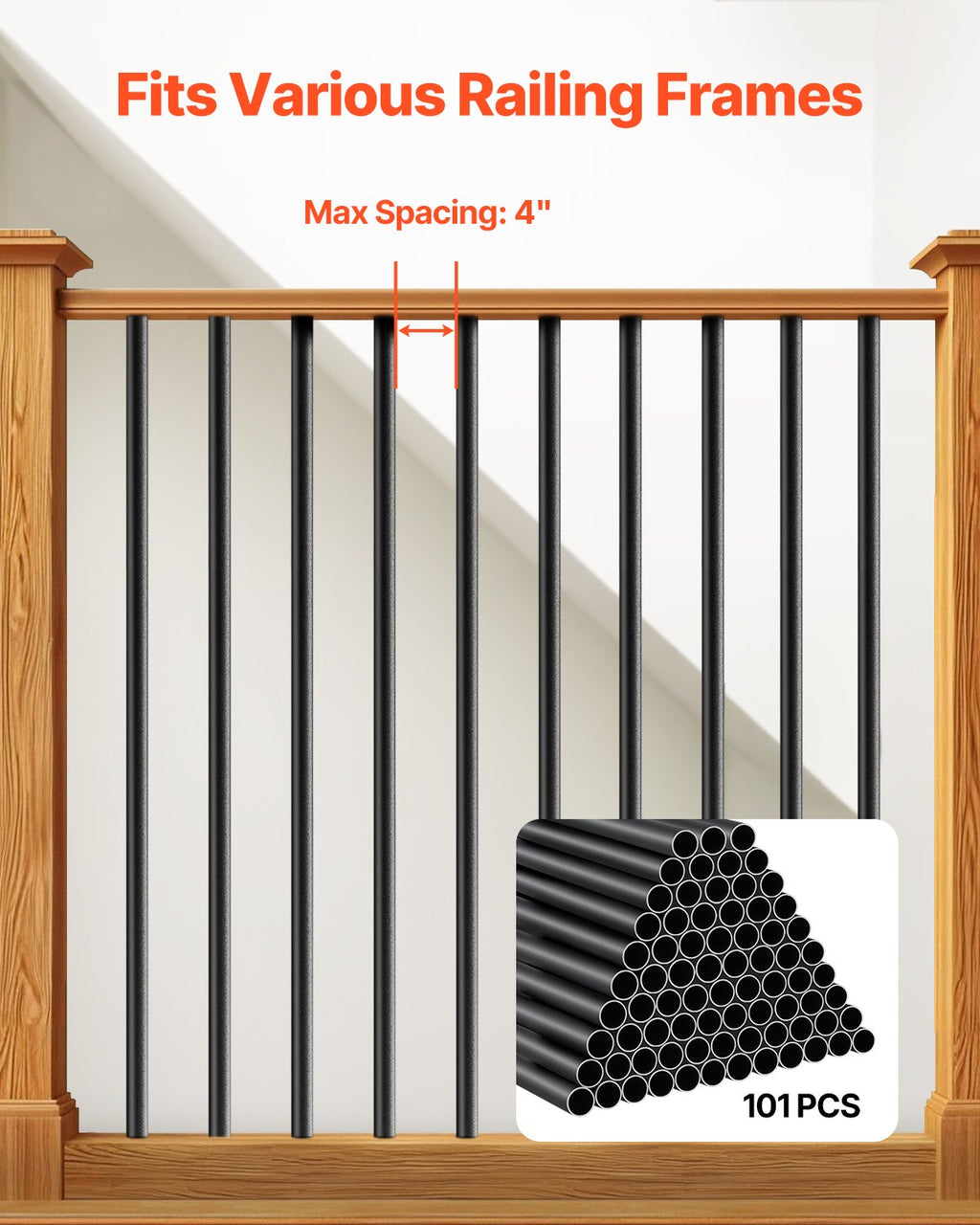 VEVOR Staircase Balusters 101 Pack, 660 mm Aluminum Stair Balusters, 19 mm Water-Proof Round Metal Spindle Railing, Hollow Deck Railing with Rail Caps & Screws for Stairs, Porch, Patio, Matte Black
