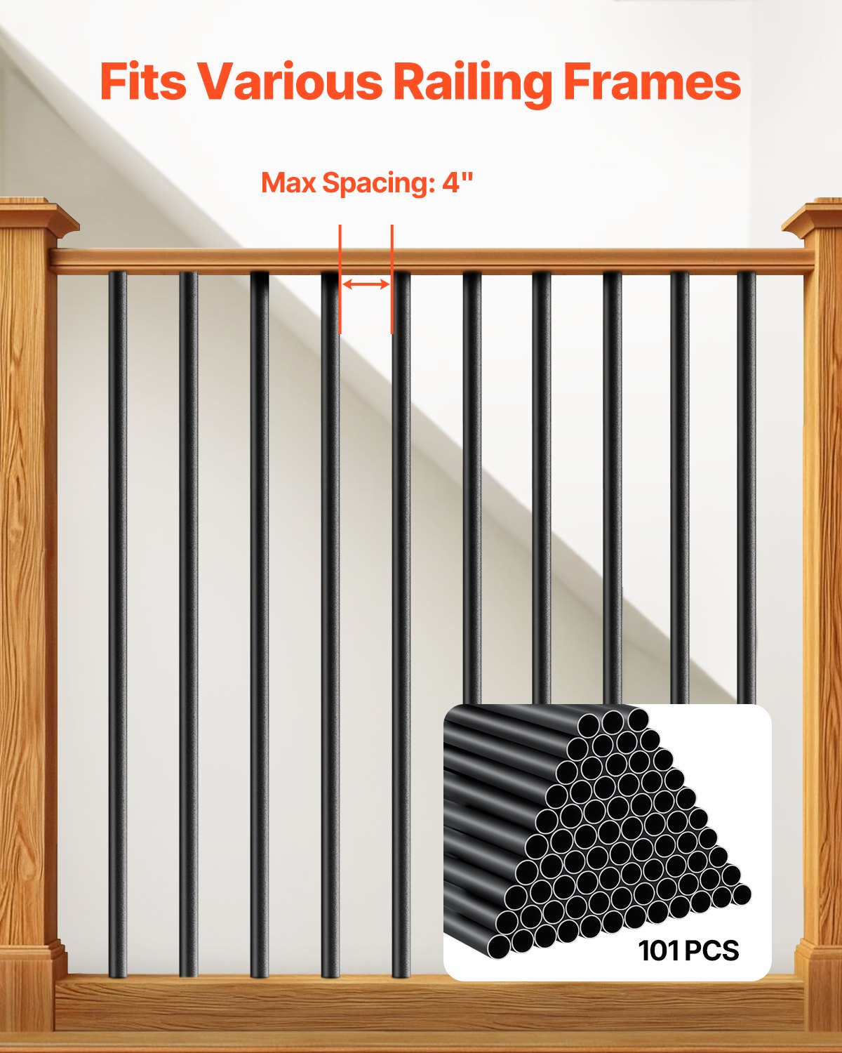 VEVOR Staircase Balusters 101 Pack, 660 mm Aluminum Stair Balusters, 19 mm Water-Proof Round Metal Spindle Railing, Hollow Deck Railing with Rail Caps & Screws for Stairs, Porch, Patio, Matte Black