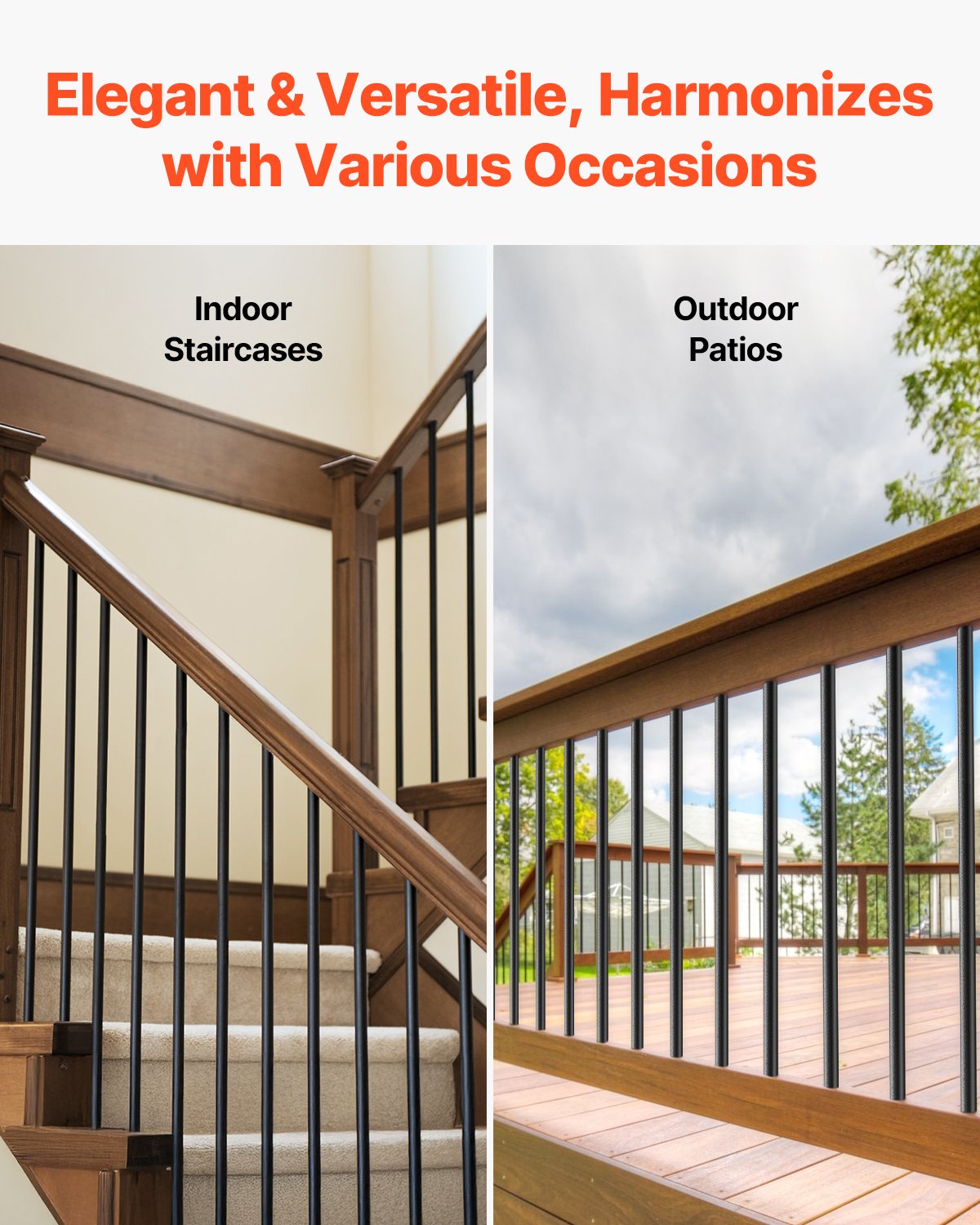 VEVOR Staircase Balusters 51 Pack, 660 mm Aluminum Stair Balusters, 19 mm Water-Proof Round Metal Spindle Railing, Hollow Deck Railing with Rail Caps & Screws for Stairs, Porch, Patio, Fence, Black