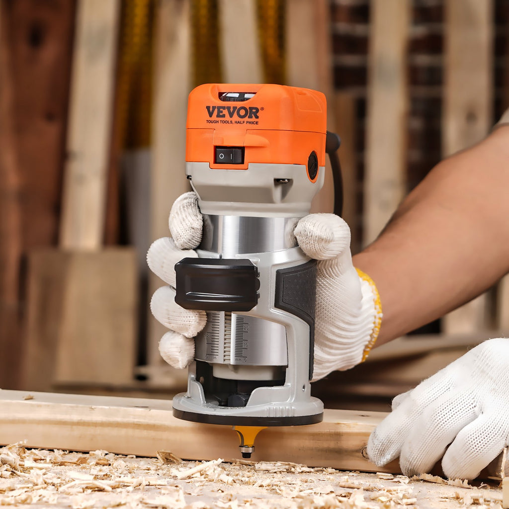 VEVOR Wood Router, 1.25HP 800W, Compact Wood Trimmer Router Tool, 30000RPM Max Speed 6 Variable Speeds, with 1/4'' & 5/16'' Collets 12 PCs Milling Cutters Dust Hood, for Woodworking Slotting Trimming