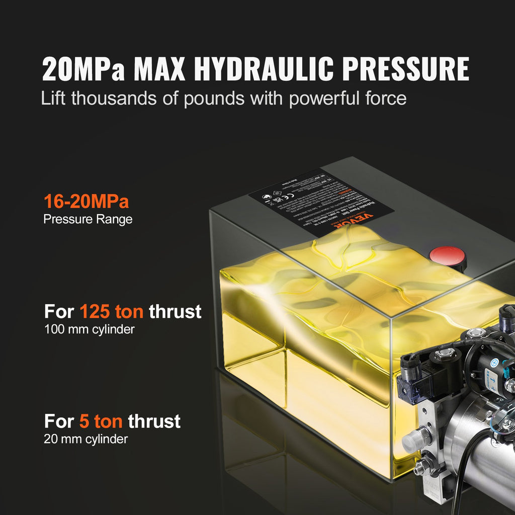 VEVOR Hydraulic Pump, 10 Quart Hydraulic Power Unit, Double Acting Dump Trailer Pump, 0.91 GPM Flow Rate, 3200 PSI Max Relief Pressure, DC 12V Hydraulic Pump for Dump Trailer Car Lifting