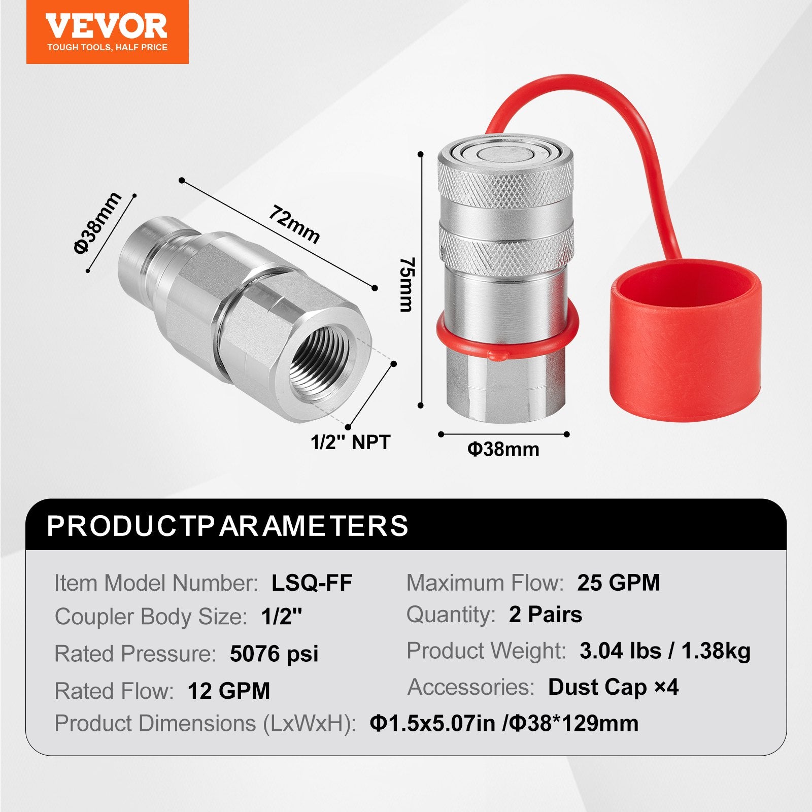 VEVOR 1/2" Flat Face Hydraulic Couplers 1/2" NPT Skid Steer Couplers 4 Dust Caps