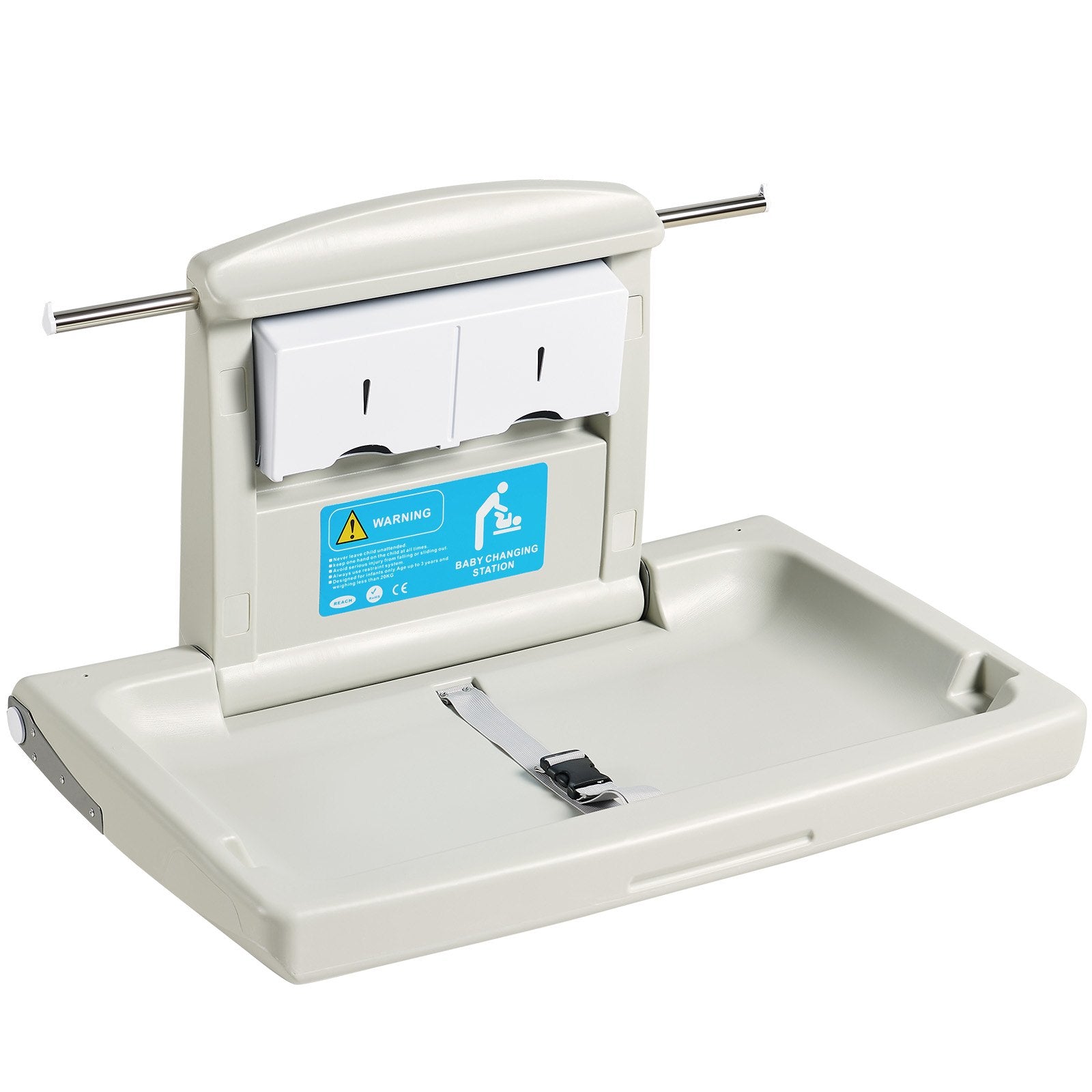 VEVOR Wall-Mounted Baby Changing Station, Horizontal Foldable Diaper Change Table with Safety Straps and Hanging Rods, Use in Commercial Bathrooms,  Daycare Centers for Newborns & Infant