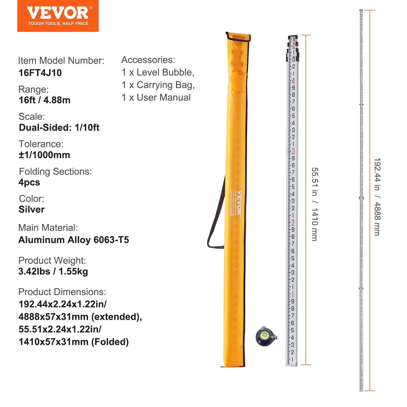 VEVOR Measuring Rod 16-Feet/10ths 4 Sections Telescopic Grade Rod 1/10ft w/ Bag