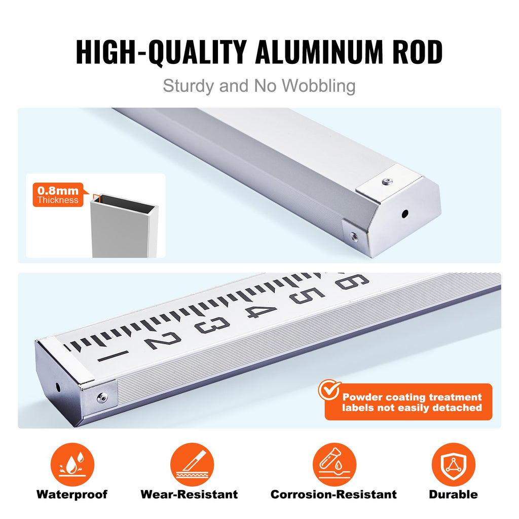 VEVOR Aluminum Grade Rod, 9-Feet/8ths 3 Sections Telescopic Measuring Rod, Double-Sided Scale 1/8in Leveling Rod Stick,Aluminum Alloy Survey Rod with Bubble Level &Carrying Bag for Houses,Walls,Floors