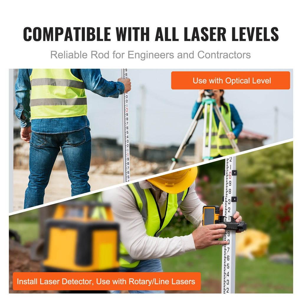 VEVOR Aluminum Grade Rod, 9-Feet/8ths 3 Sections Telescopic Measuring Rod, Double-Sided Scale 1/8in Leveling Rod Stick,Aluminum Alloy Survey Rod with Bubble Level &Carrying Bag for Houses,Walls,Floors