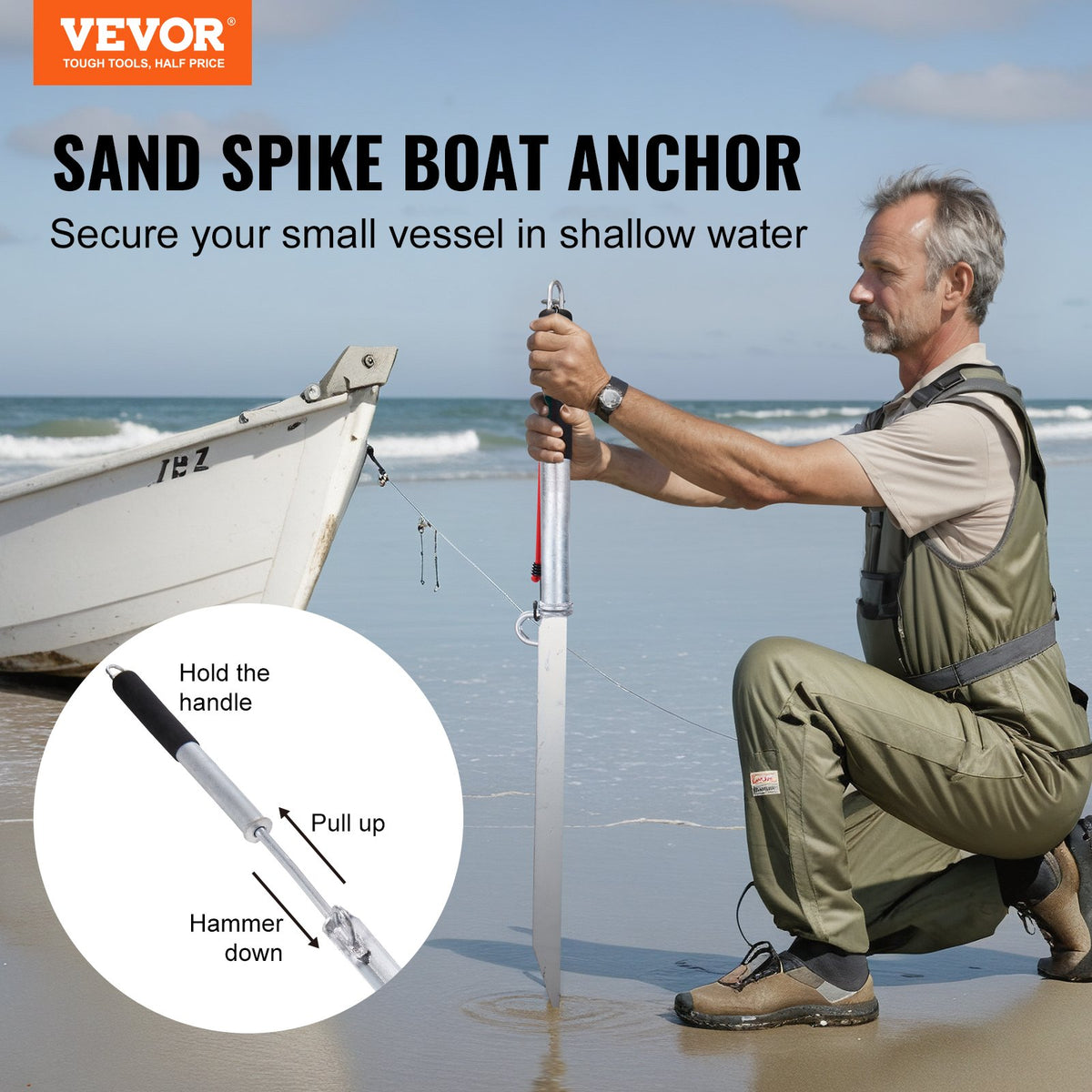 VEVOR Sand Spike Boat Anchor Pole, 36" Galvanized Carbon Steel Slide Anchor Shore Spike, Self-Hammering Beach Spike Anchor for Small Boat Jetski Pontoon Kayak, with Oxford Storage Bag and Bungee Cord